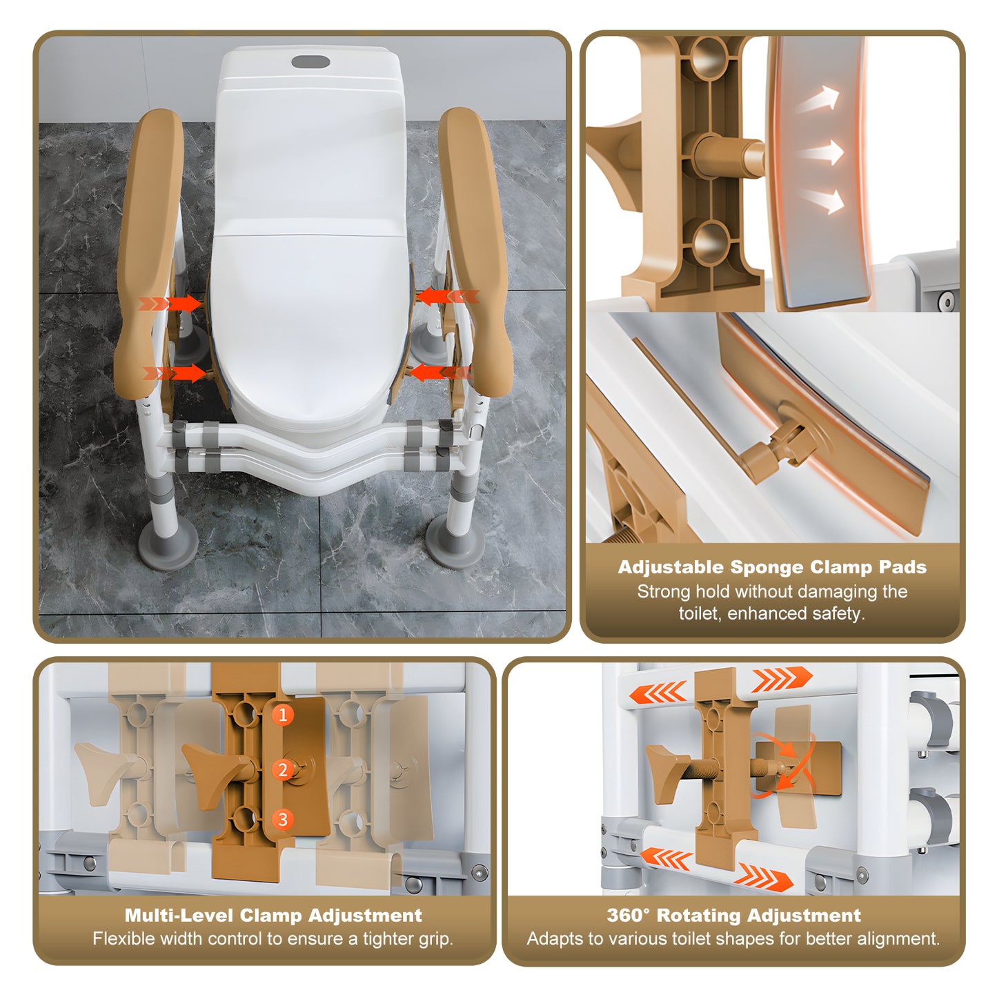 3-Way Adjustable Toilet Safety Frame, Anti-Slip Handrails, Suction Cups, Supports 220 lbs