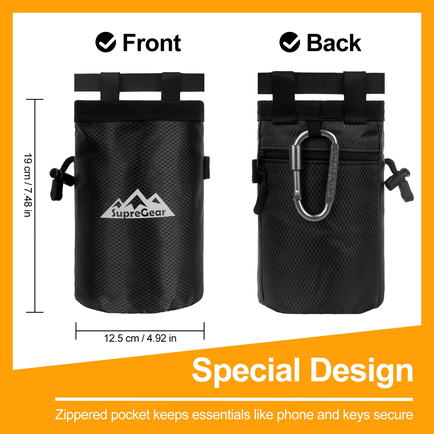 Rock Climbing Chalk Bag, Large Drawstring Pouch with Zipper Pocket and Brush Holder