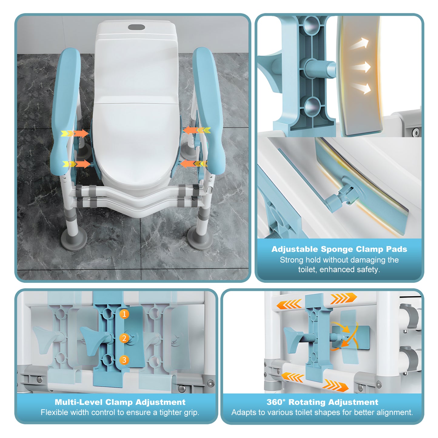 3-Way Adjustable Toilet Safety Frame, Anti-Slip Handrails, Suction Cups, Supports 220 lbs