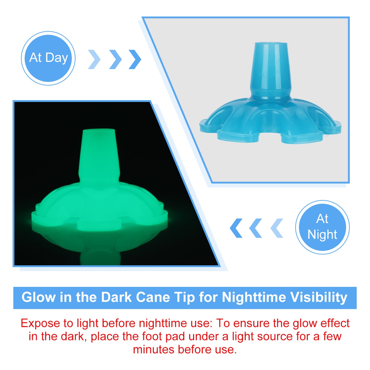 Glow-in-the-Dark 6-Prong Cane Tip, 3/4" Heavy Duty Rubber Base, Non-Slip & Self-Standing