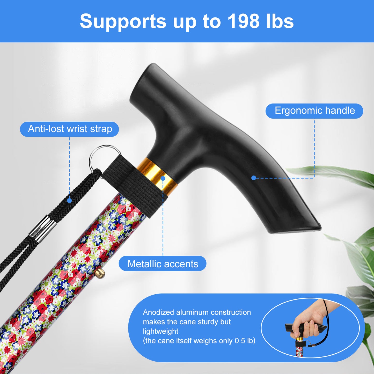 5-Level Adjustable Height Walking Stick Folding Cane
