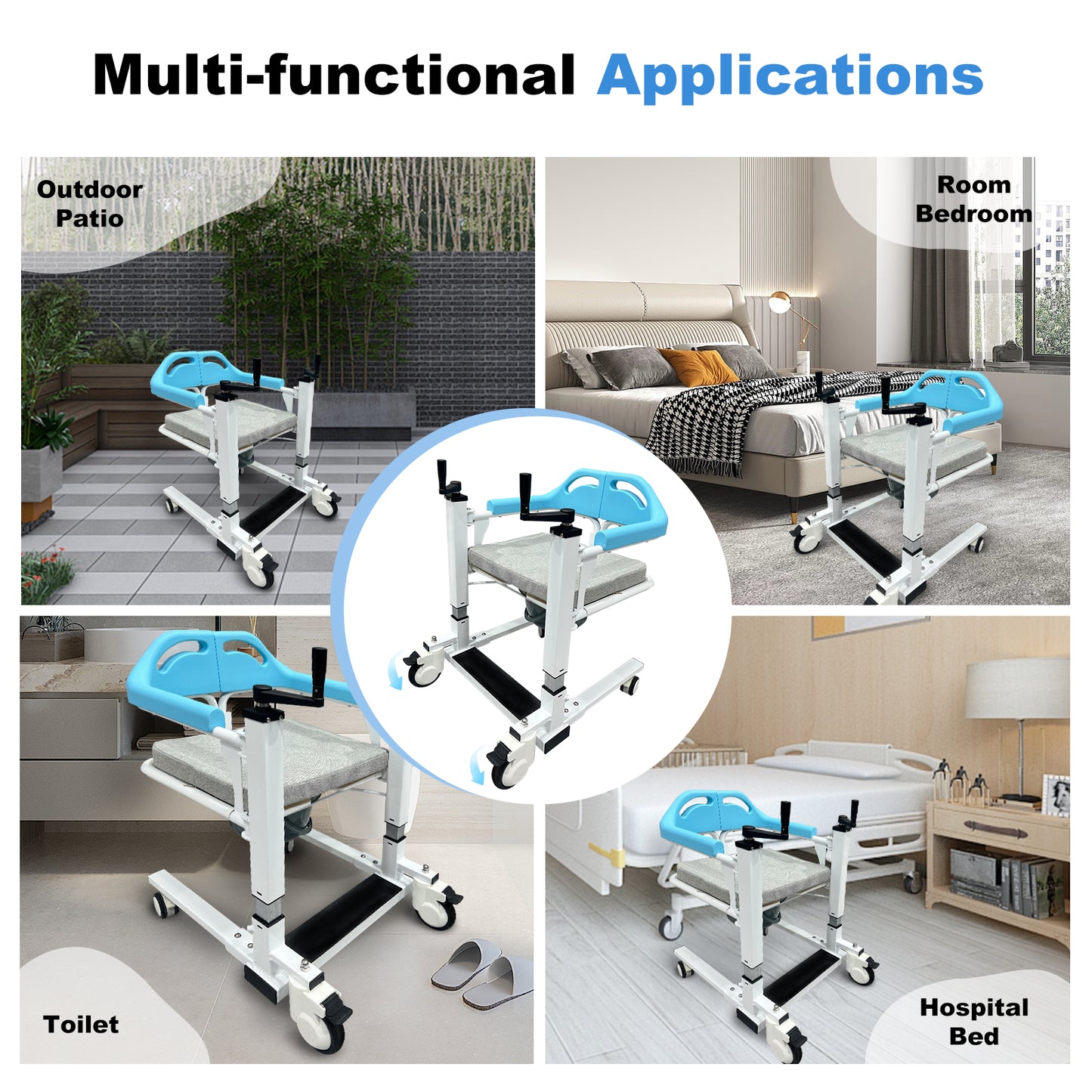 Transfer Lift Wheelchair with Commode, 14.96"-22.83" Adjustable Height, Supports 330 lbs