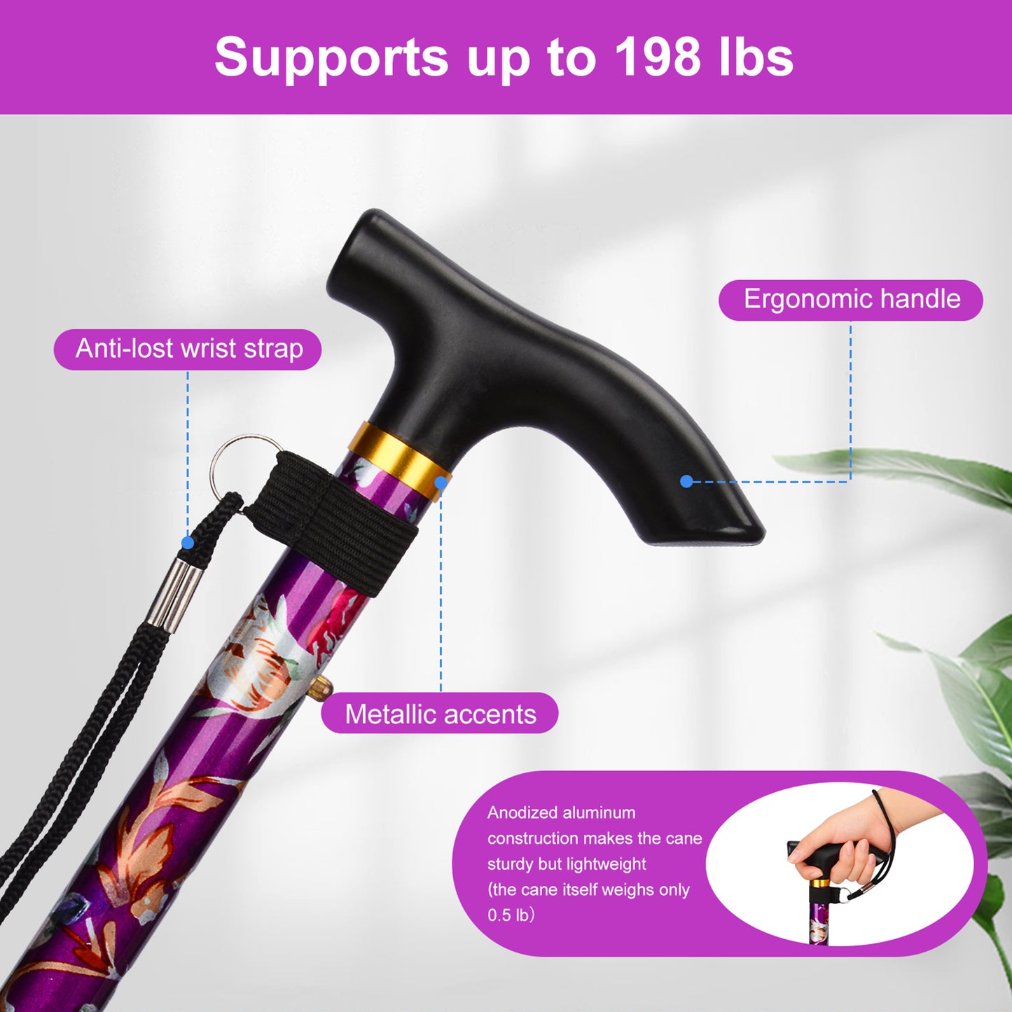 5-Level Adjustable Height Walking Stick Folding Cane