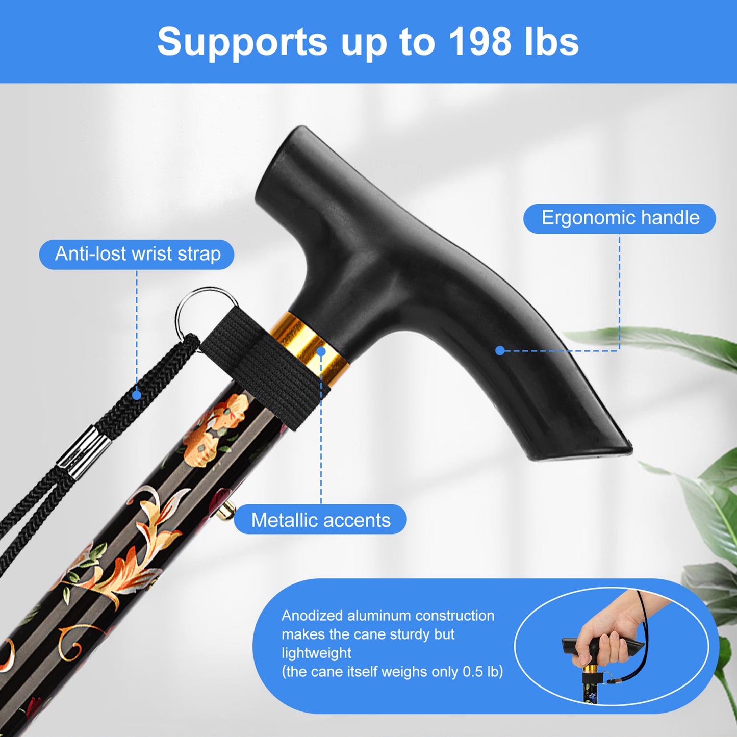 5-Level Adjustable Height Walking Stick Folding Cane