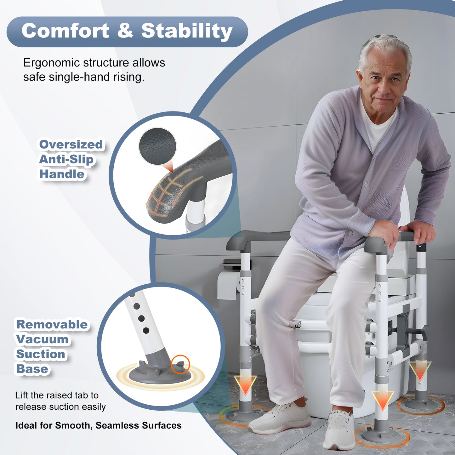 3-Way Adjustable Toilet Safety Frame, Anti-Slip Handrails, Suction Cups, Supports 220 lbs