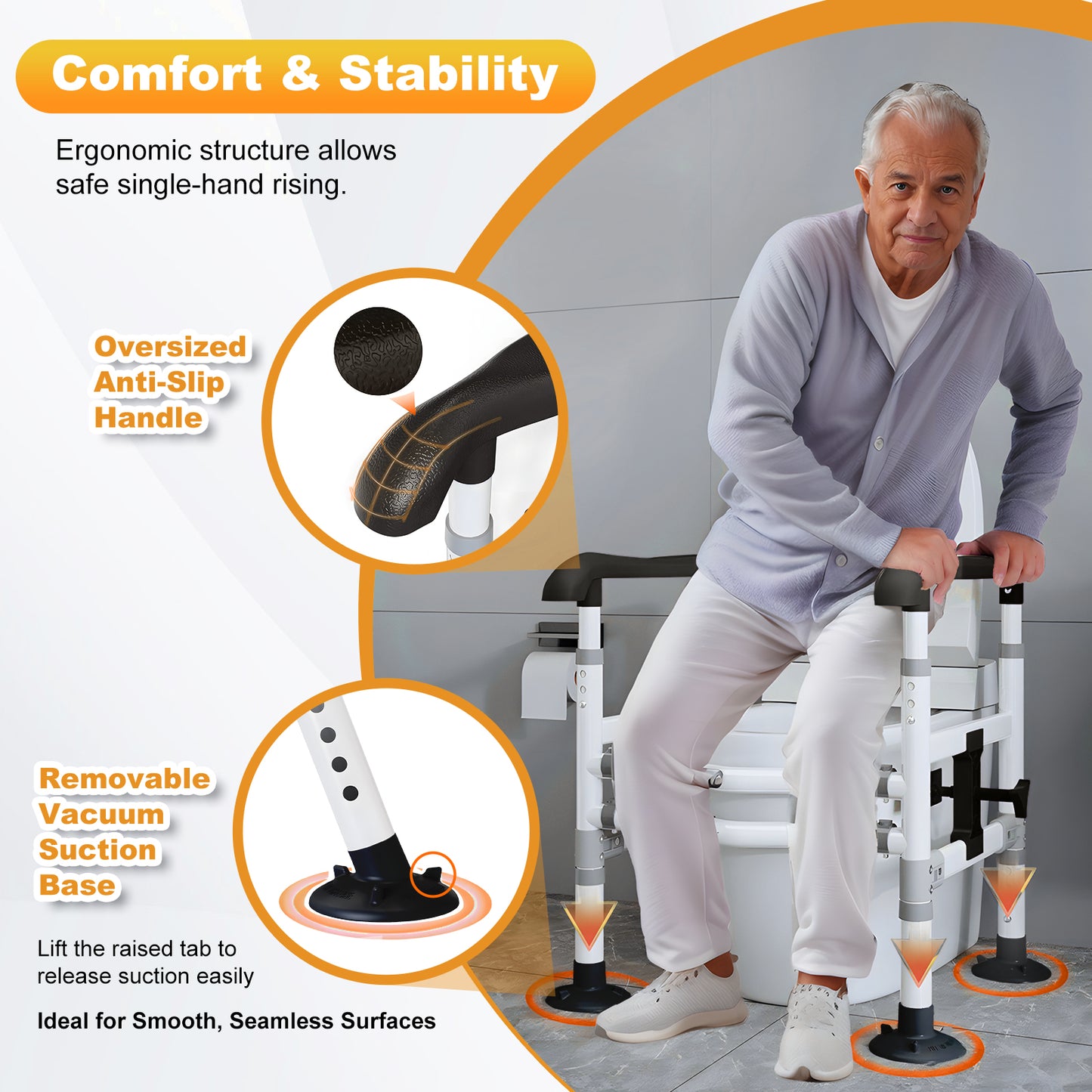 3-Way Adjustable Toilet Safety Frame, Anti-Slip Handrails, Suction Cups, Supports 220 lbs
