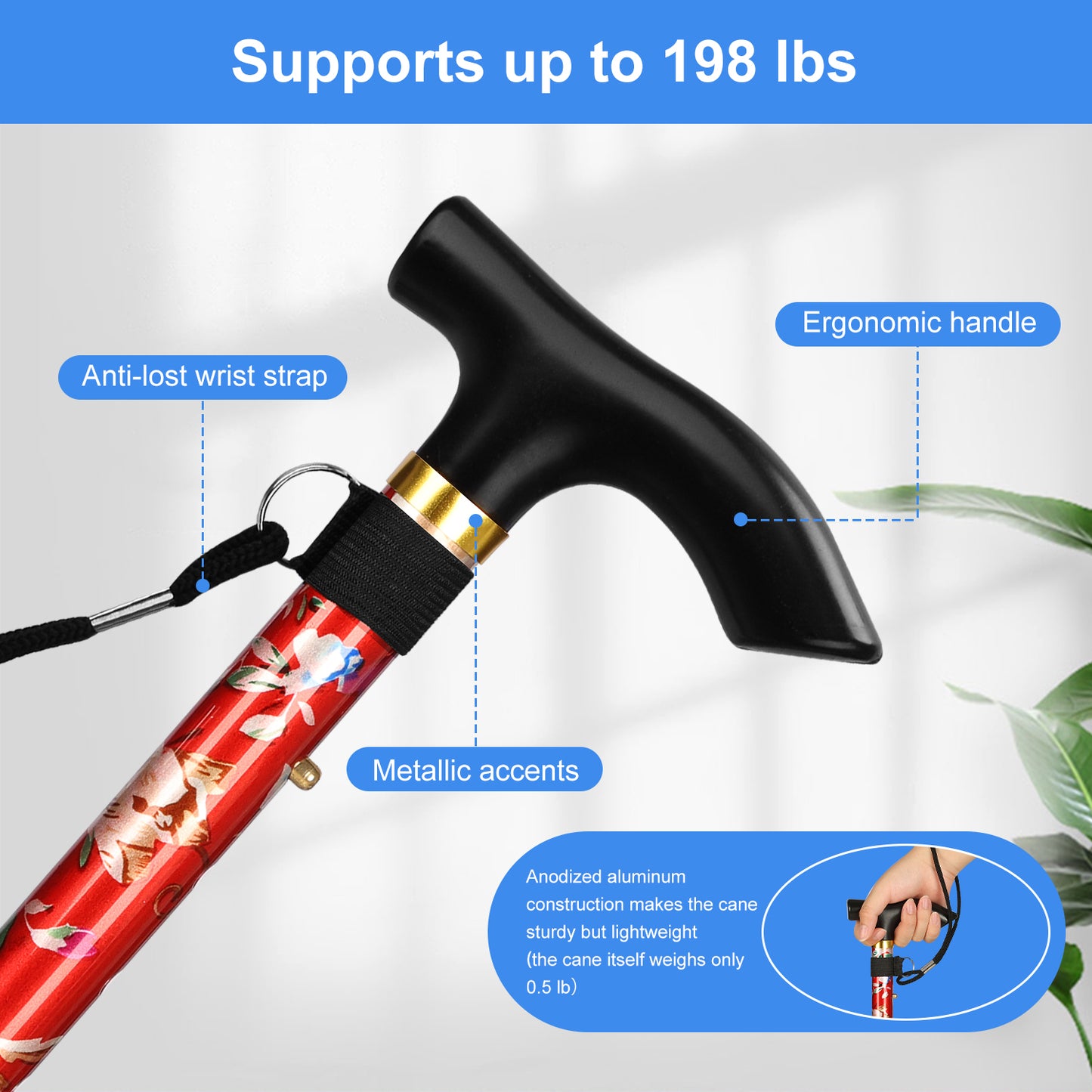 5-Level Adjustable Height Walking Stick Folding Cane