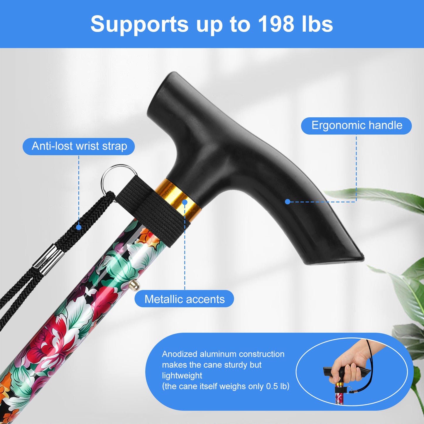 5-Level Adjustable Height Walking Stick Folding Cane