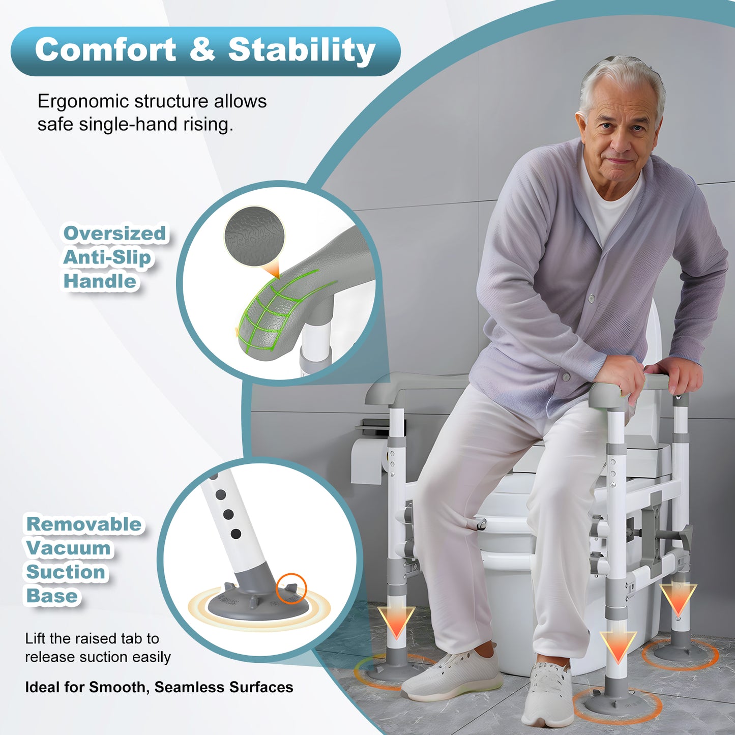 3-Way Adjustable Toilet Safety Frame, Anti-Slip Handrails, Suction Cups, Supports 220 lbs