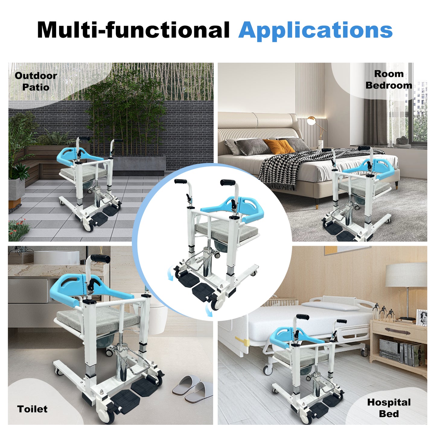 Transfer Lift Wheelchair with Commode, 14.96"-22.83" Adjustable Height, Supports 330 lbs