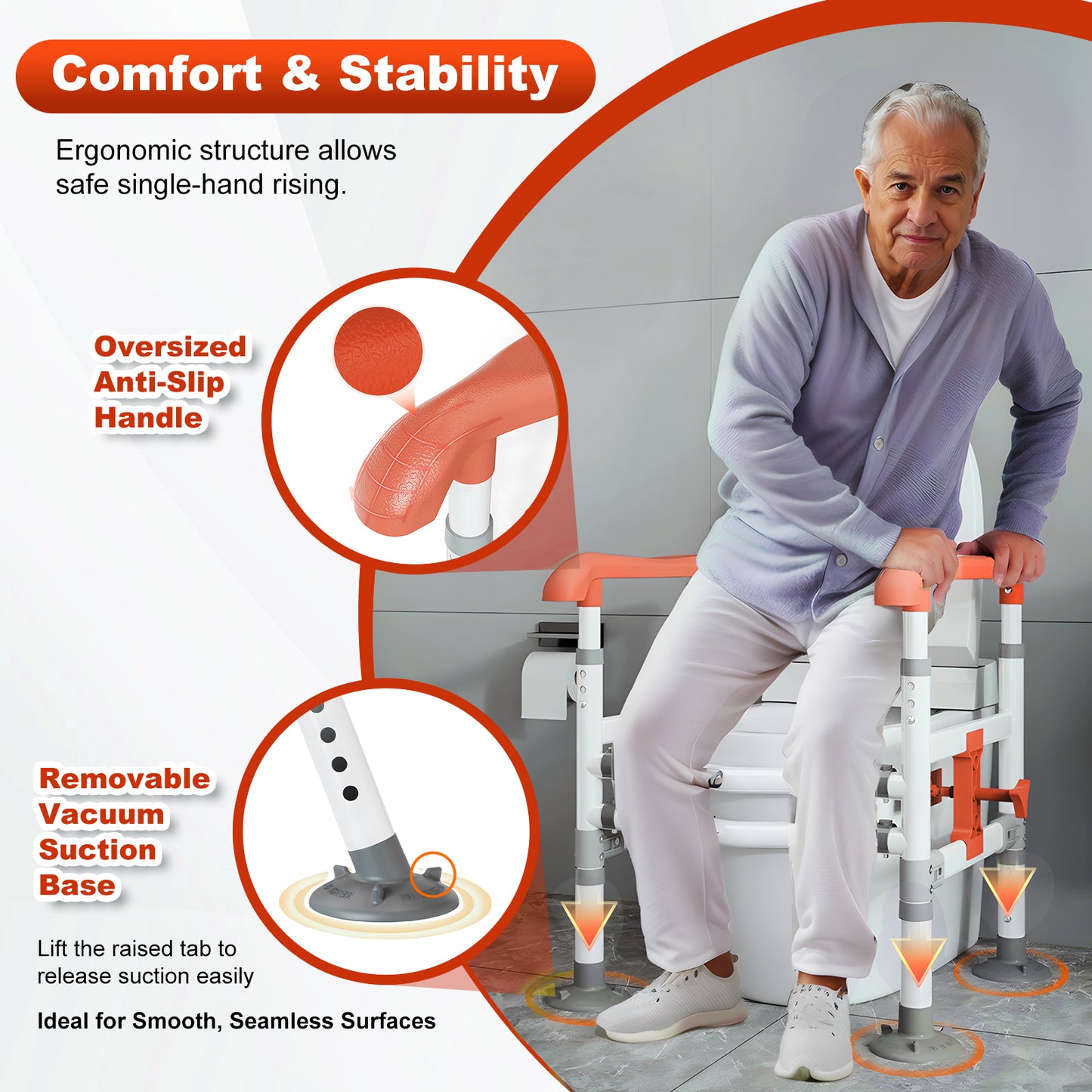 3-Way Adjustable Toilet Safety Frame, Anti-Slip Handrails, Suction Cups, Supports 220 lbs