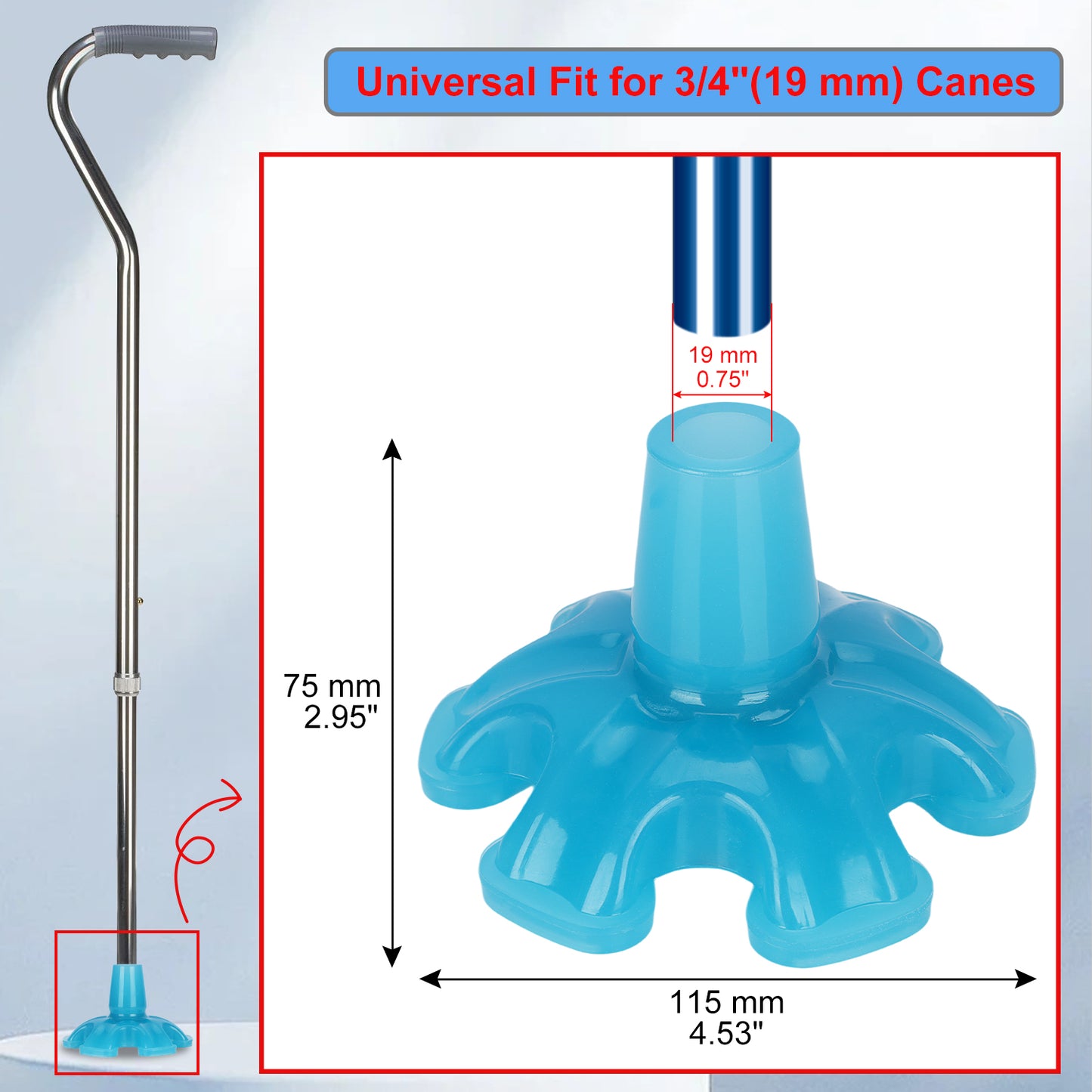 Glow-in-the-Dark 6-Prong Cane Tip, 3/4" Heavy Duty Rubber Base, Non-Slip & Self-Standing