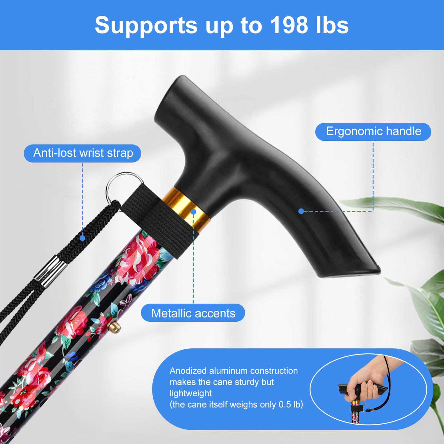5-Level Adjustable Height Walking Stick Folding Cane
