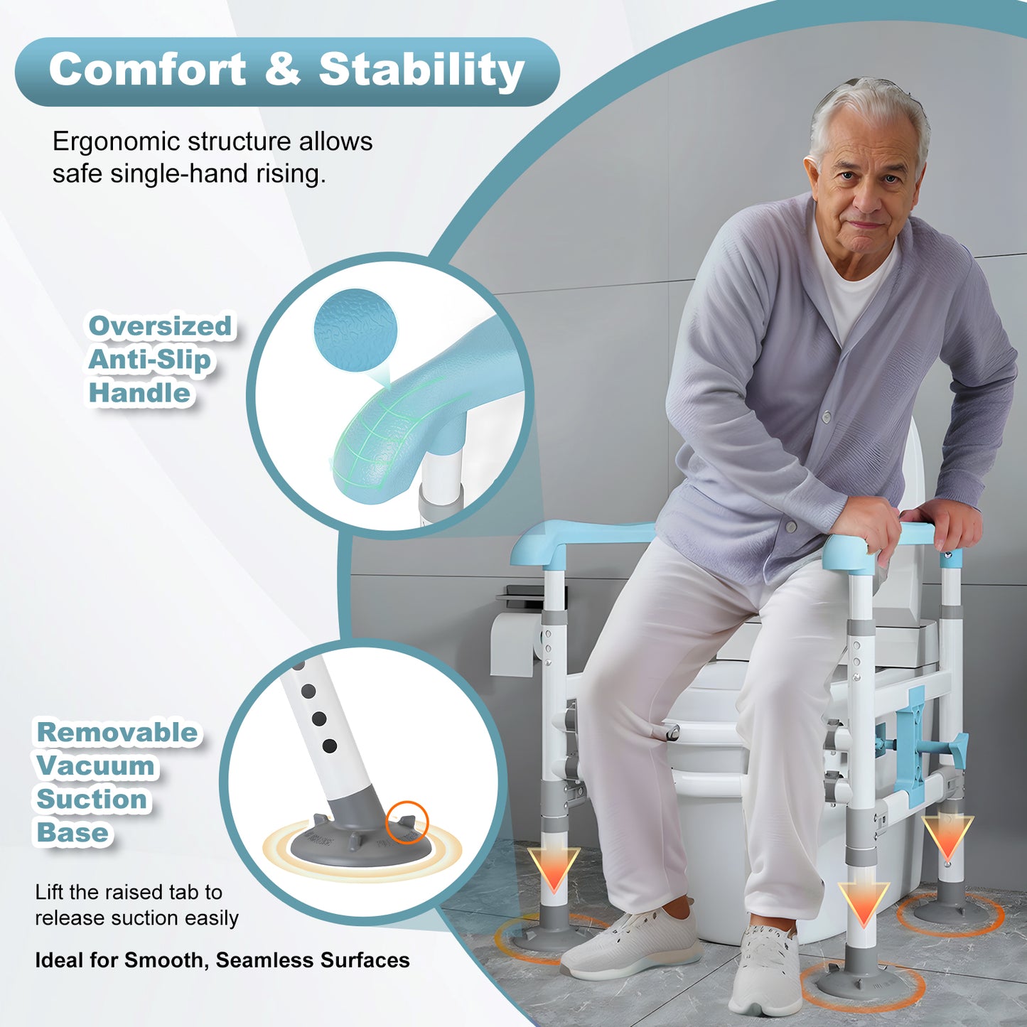 3-Way Adjustable Toilet Safety Frame, Anti-Slip Handrails, Suction Cups, Supports 220 lbs