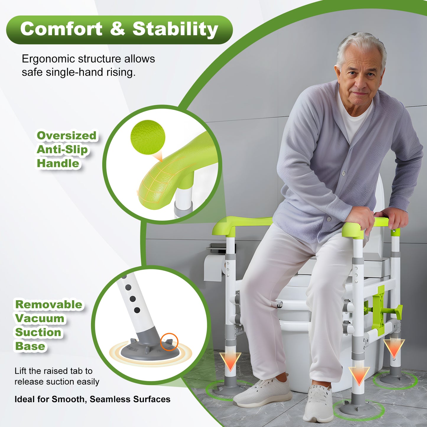 3-Way Adjustable Toilet Safety Frame, Anti-Slip Handrails, Suction Cups, Supports 220 lbs