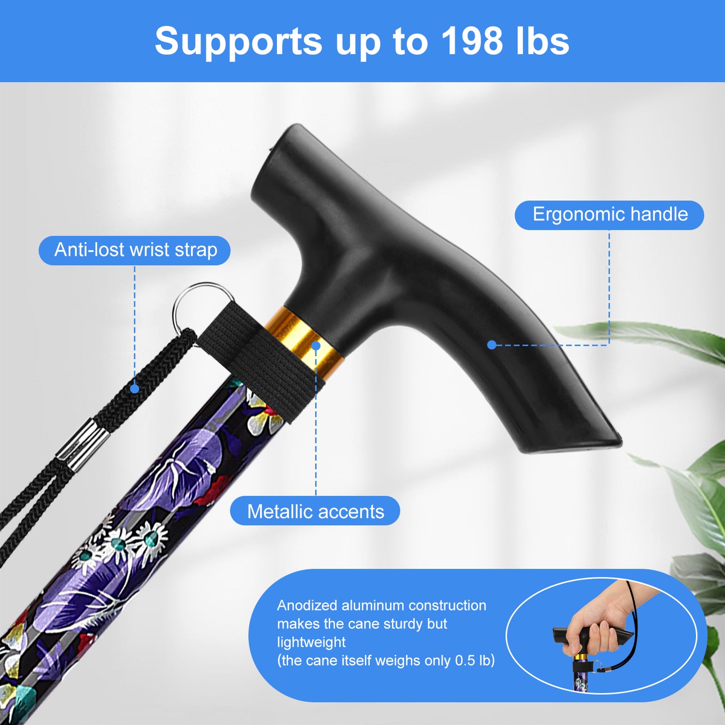 5-Level Adjustable Height Walking Stick Folding Cane