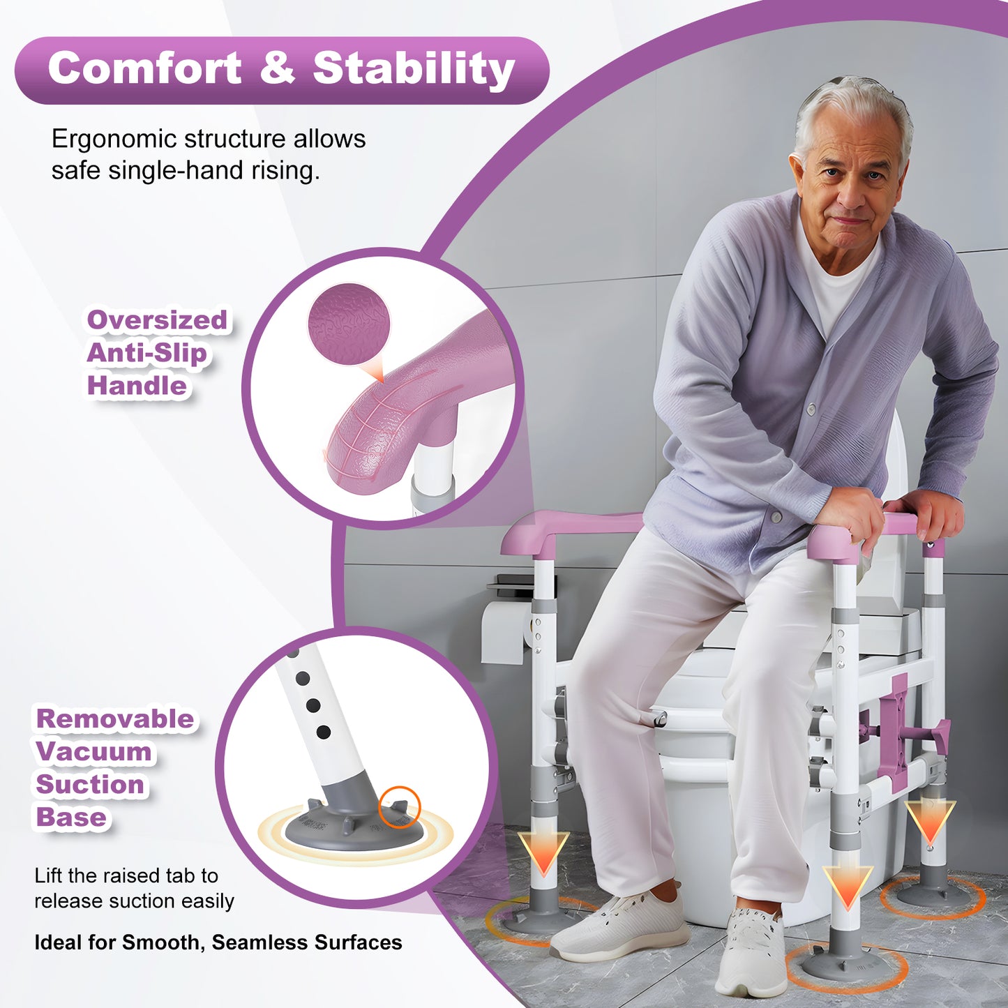 3-Way Adjustable Toilet Safety Frame, Anti-Slip Handrails, Suction Cups, Supports 220 lbs