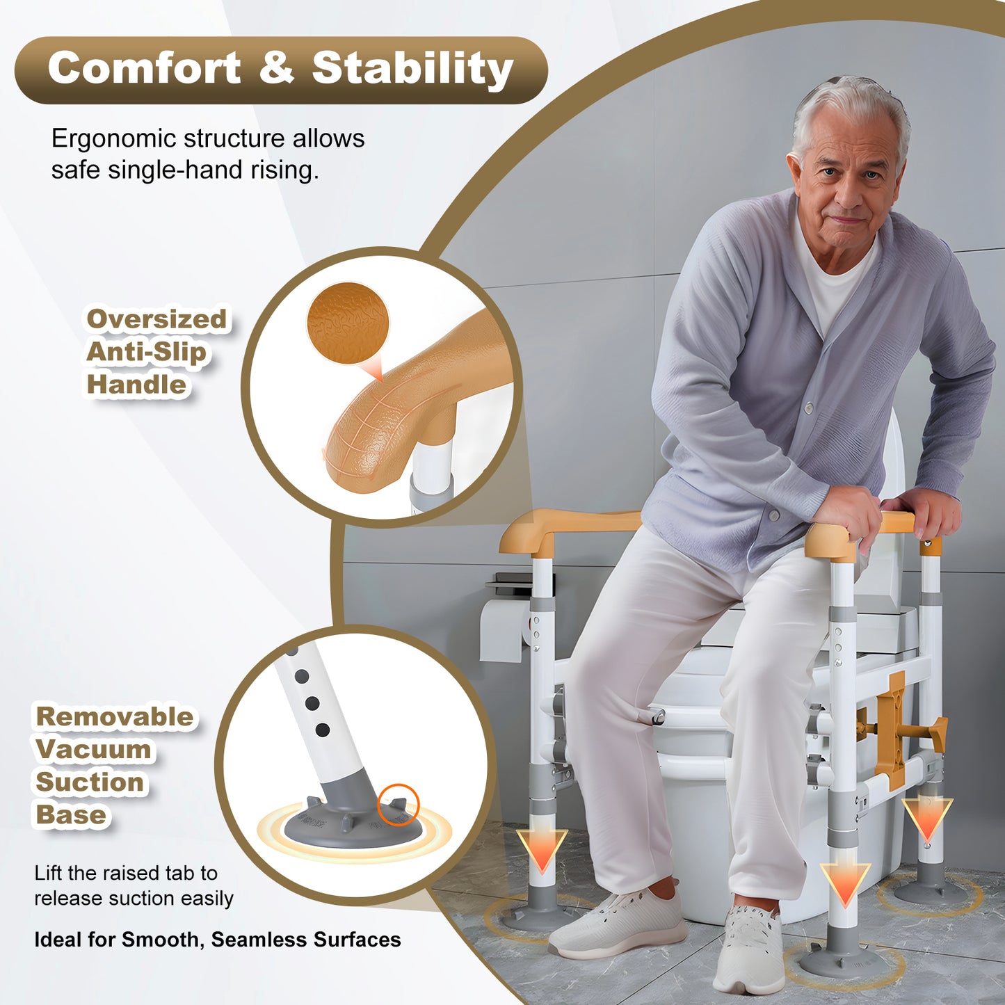 3-Way Adjustable Toilet Safety Frame, Anti-Slip Handrails, Suction Cups, Supports 220 lbs