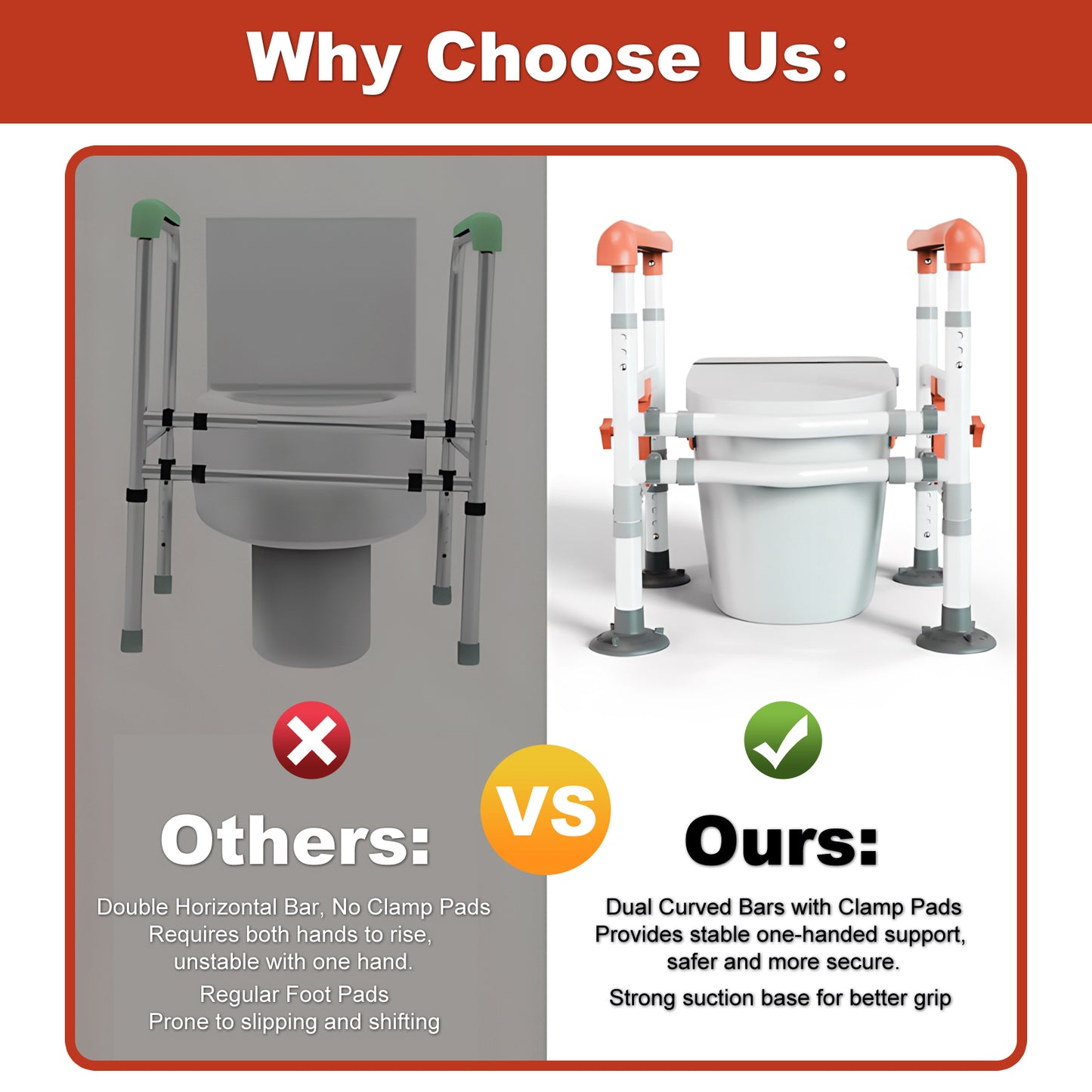 3-Way Adjustable Toilet Safety Frame, Anti-Slip Handrails, Suction Cups, Supports 220 lbs