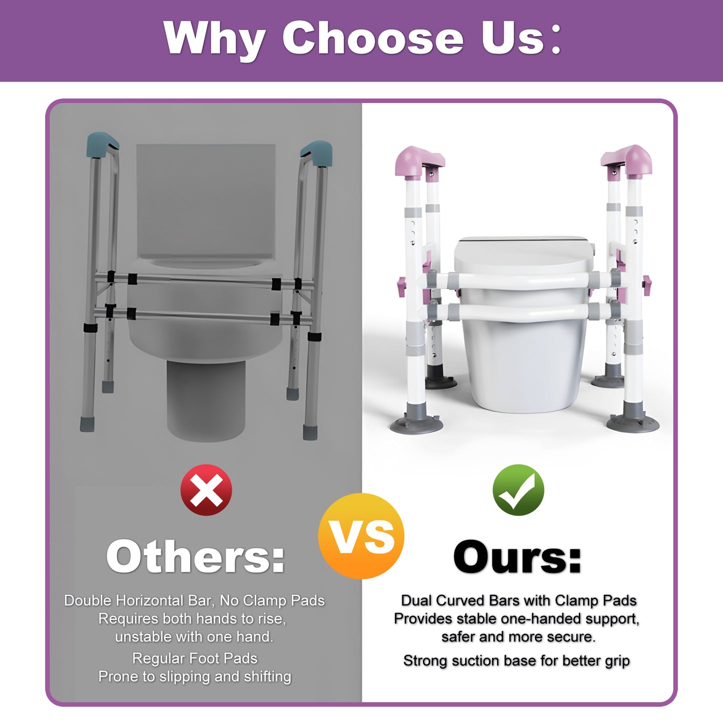 3-Way Adjustable Toilet Safety Frame, Anti-Slip Handrails, Suction Cups, Supports 220 lbs