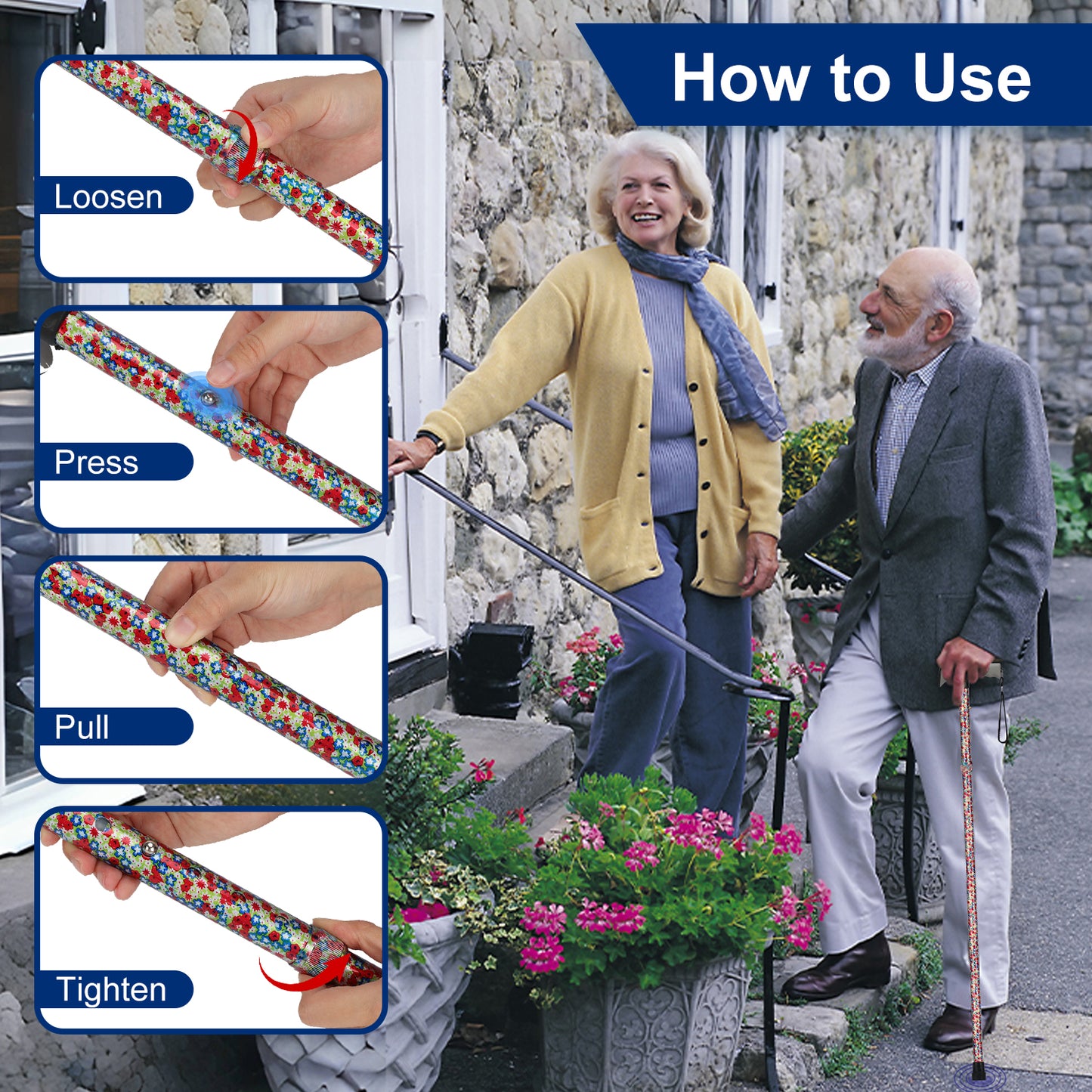 Folding Walking Cane, 5 Height Levels, Supports up to 250 lbs