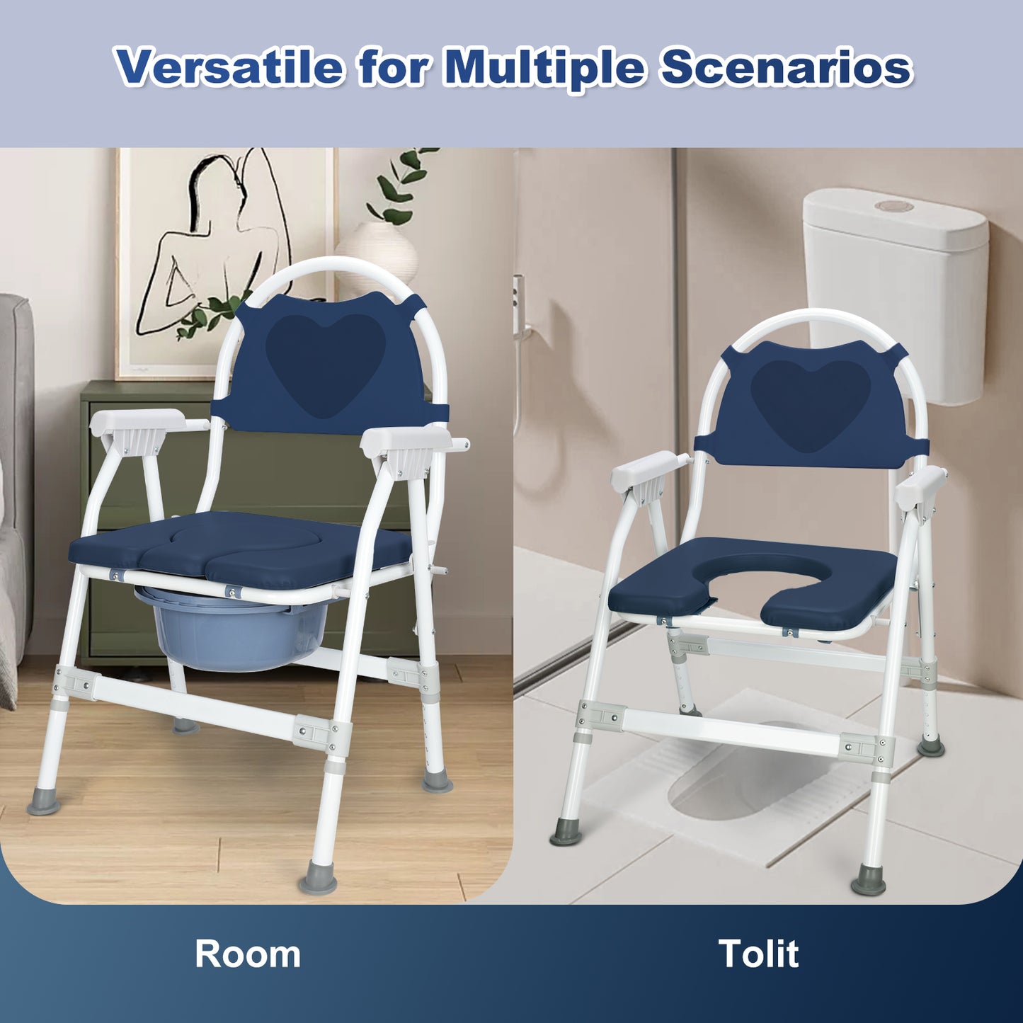 Aluminum Adjustable Folding Commode Chair, 330 lbs Capacity, Removable Bucket