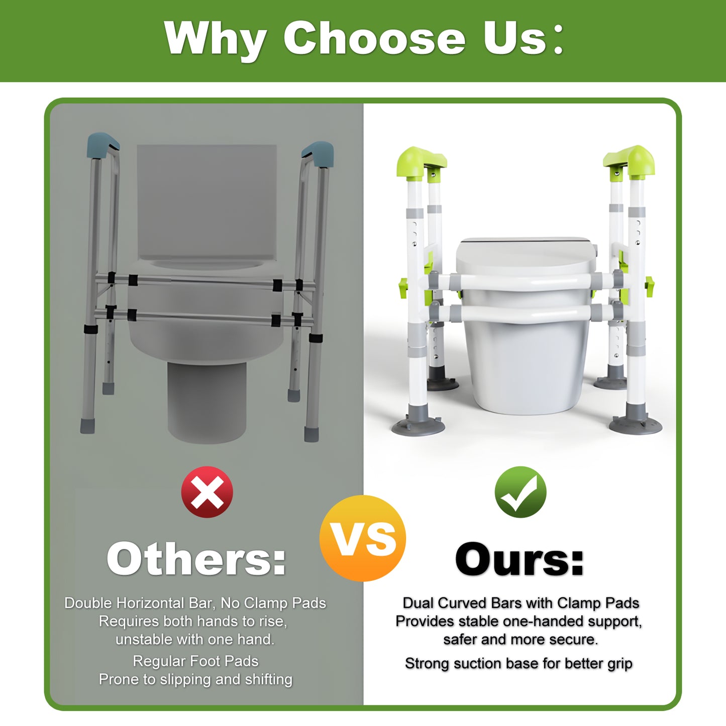 3-Way Adjustable Toilet Safety Frame, Anti-Slip Handrails, Suction Cups, Supports 220 lbs