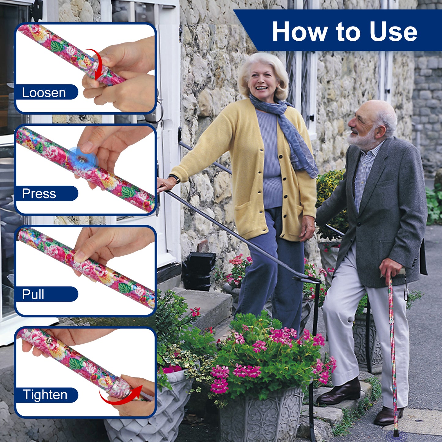 Folding Walking Cane, 5 Height Levels, Supports up to 250 lbs