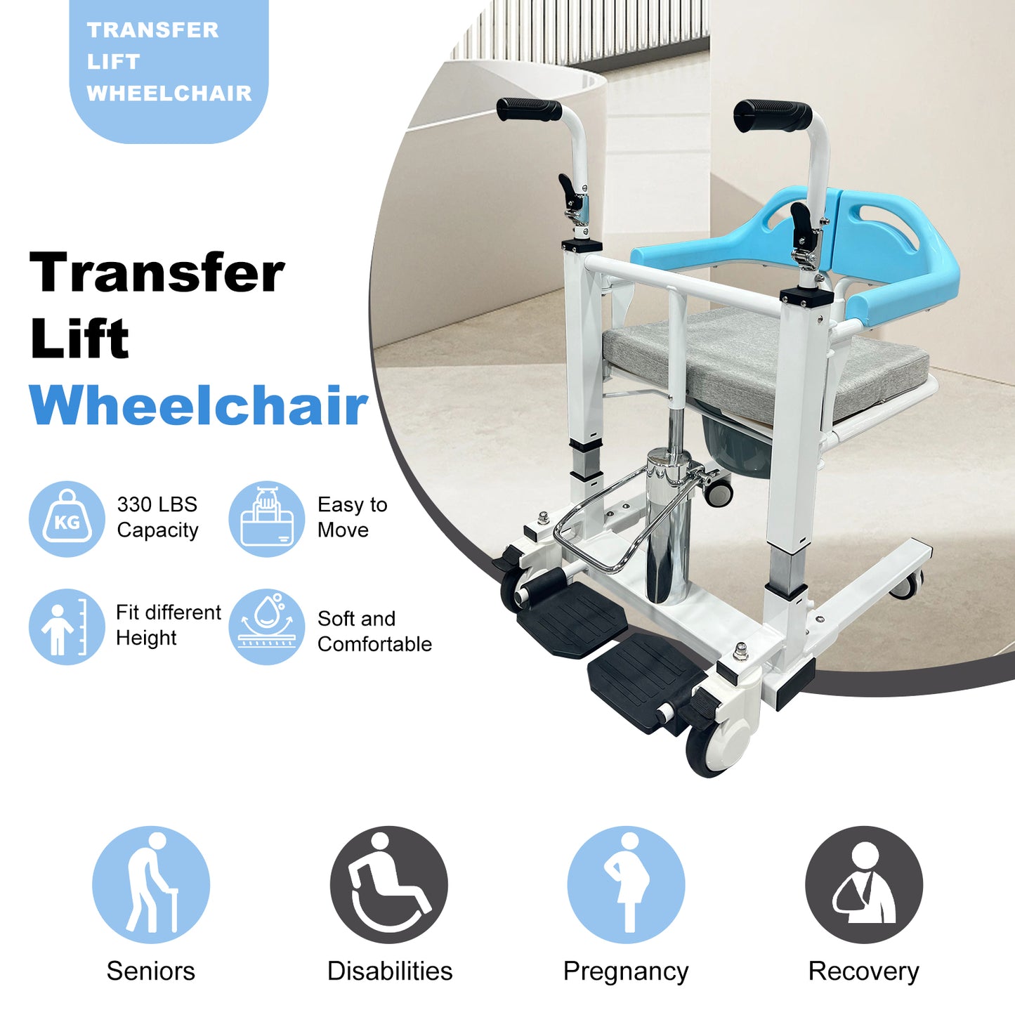 Transfer Lift Wheelchair with Commode, 14.96"-22.83" Adjustable Height, Supports 330 lbs