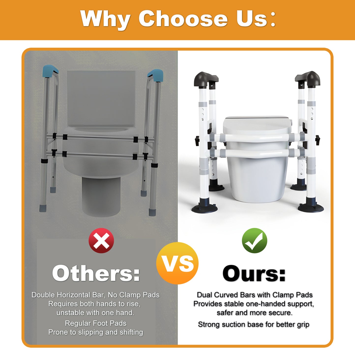 3-Way Adjustable Toilet Safety Frame, Anti-Slip Handrails, Suction Cups, Supports 220 lbs