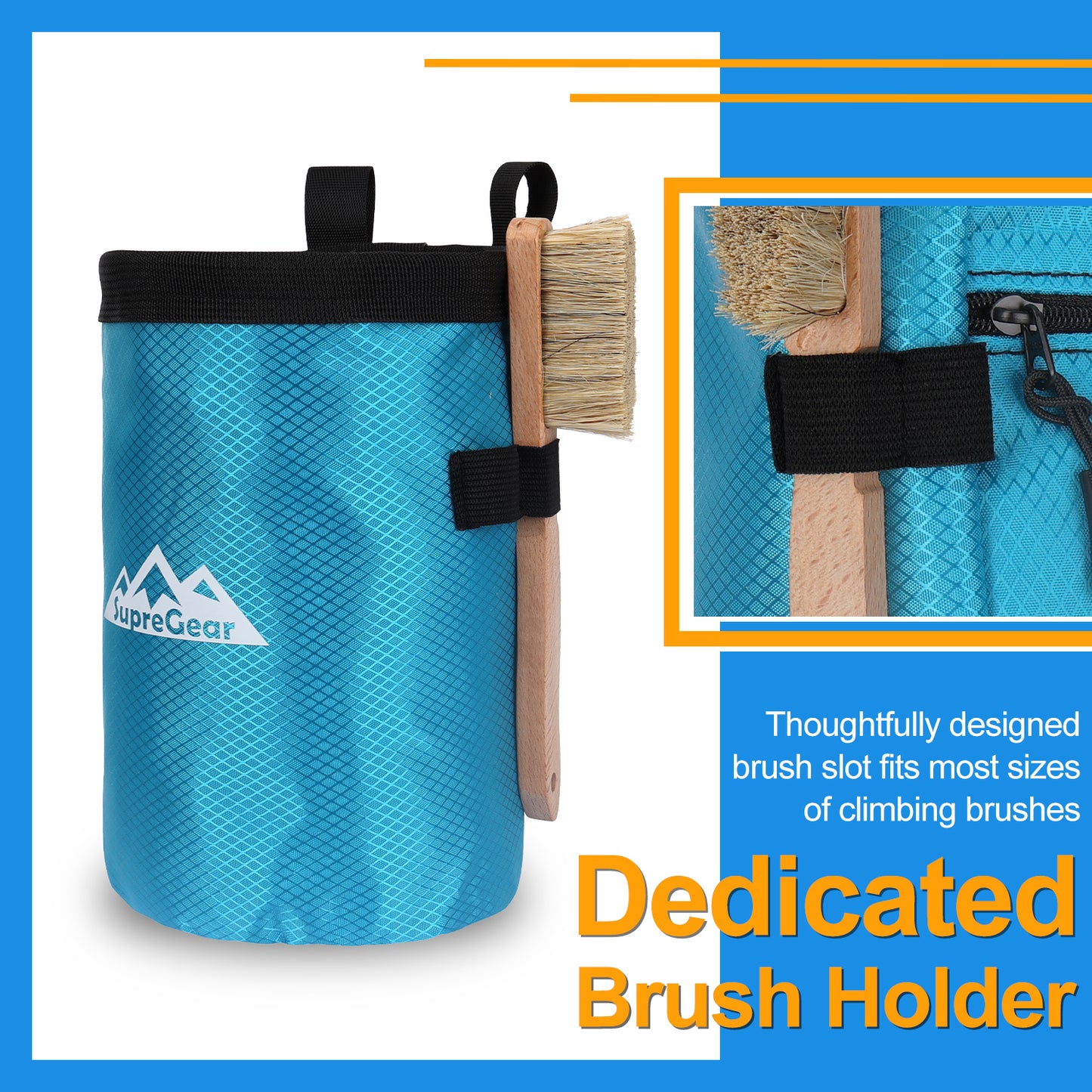 Rock Climbing Chalk Bag, Large Drawstring Pouch with Zipper Pocket and Brush Holder
