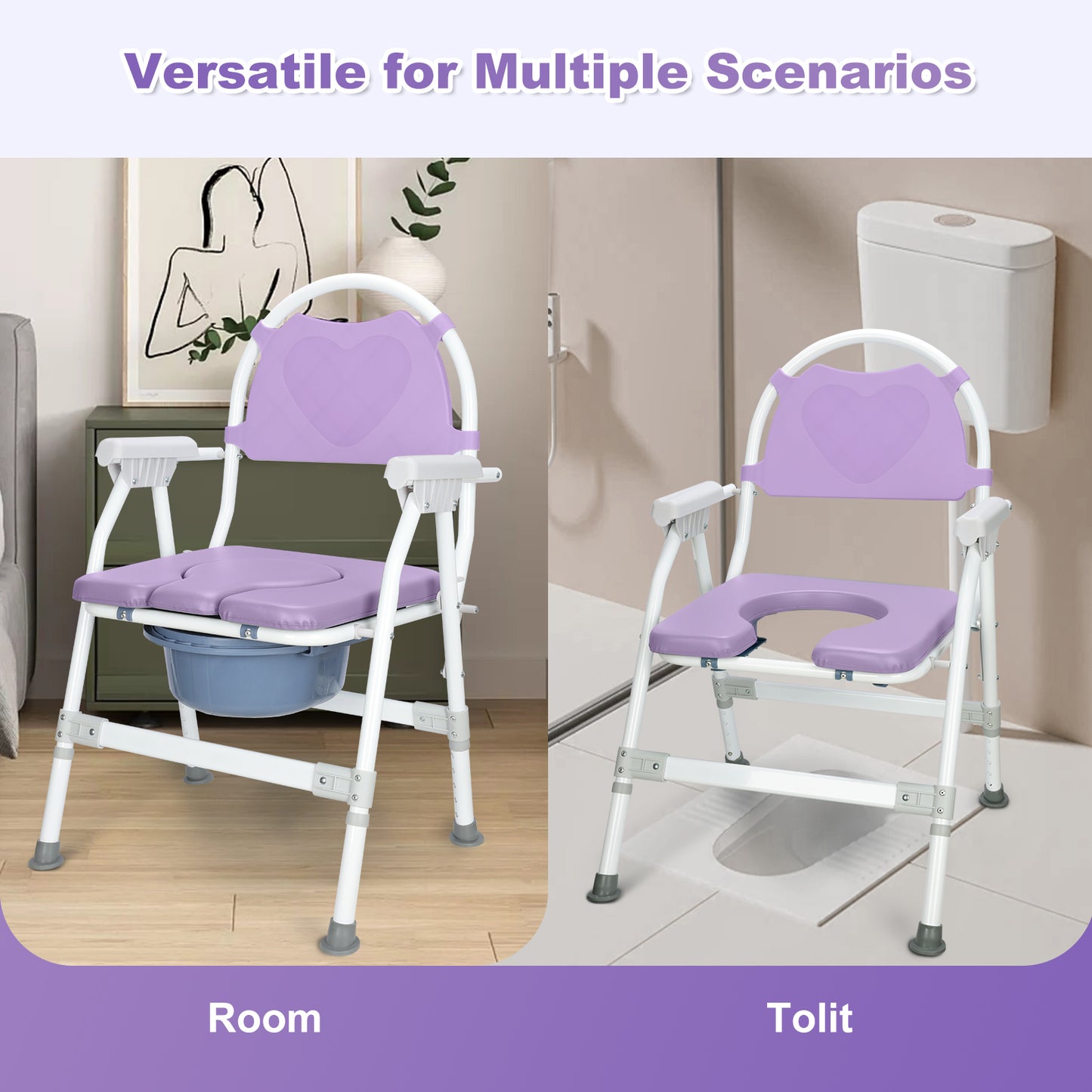 Aluminum Adjustable Folding Commode Chair, 330 lbs Capacity, Removable Bucket