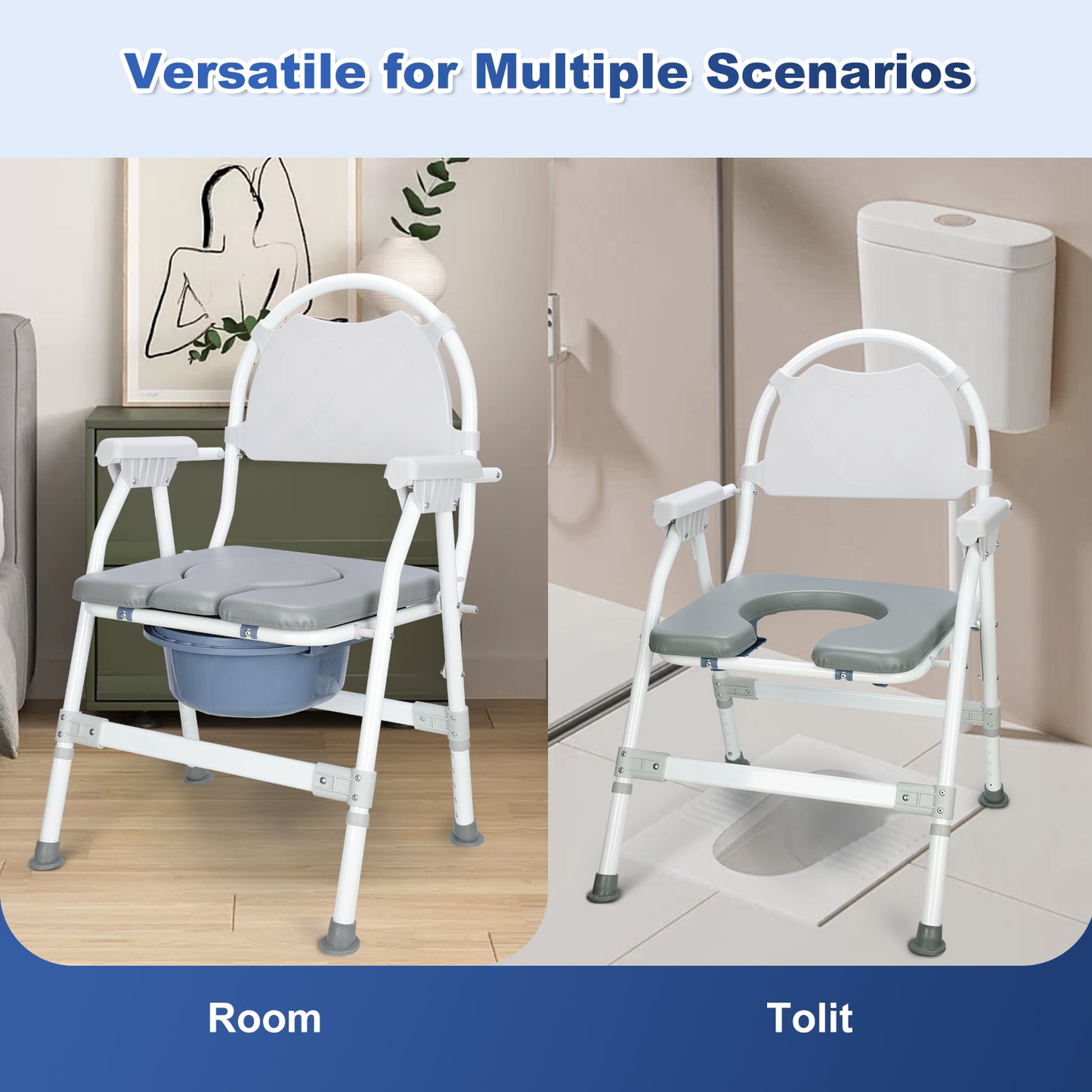 Aluminum Adjustable Folding Commode Chair, 330 lbs Capacity, Removable Bucket