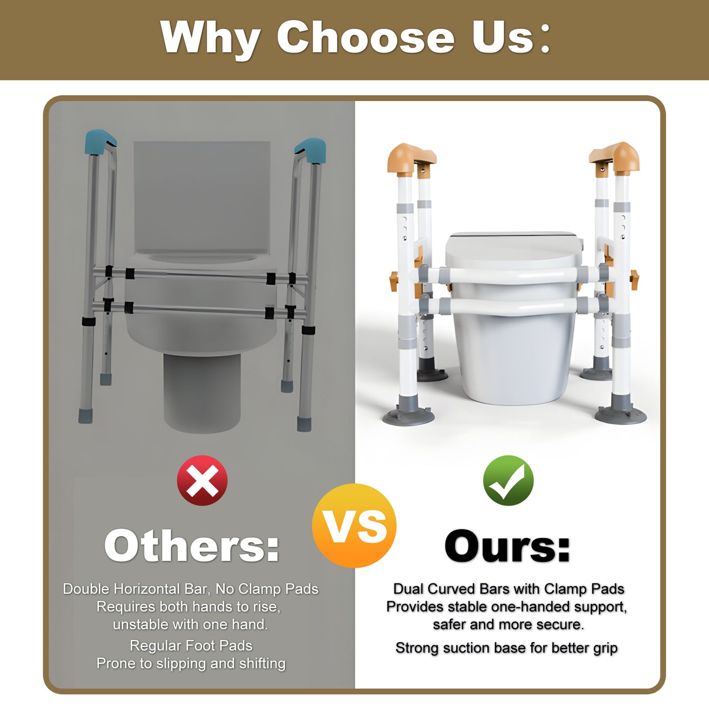 3-Way Adjustable Toilet Safety Frame, Anti-Slip Handrails, Suction Cups, Supports 220 lbs