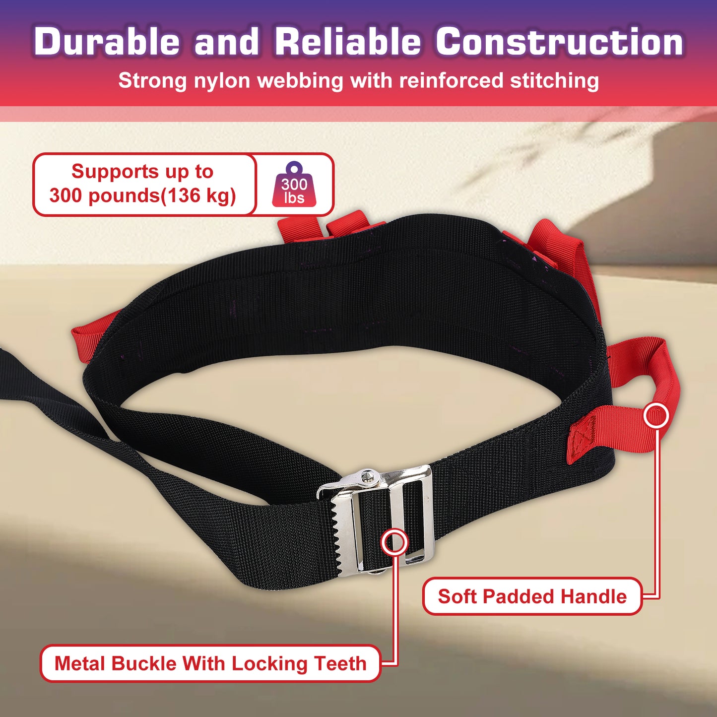 Gait Belt for Transfer Assistance, 4-Inch Strap, Supports Up to 300 lbs