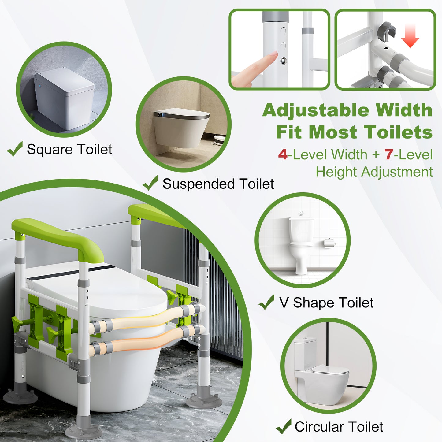 3-Way Adjustable Toilet Safety Frame, Anti-Slip Handrails, Suction Cups, Supports 220 lbs