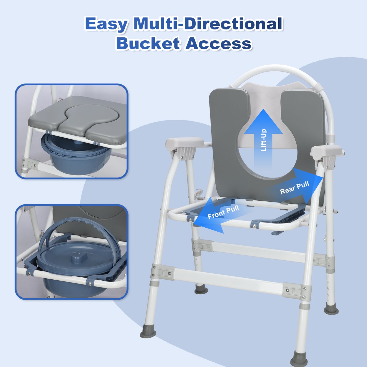 Aluminum Adjustable Folding Commode Chair, 330 lbs Capacity, Removable Bucket