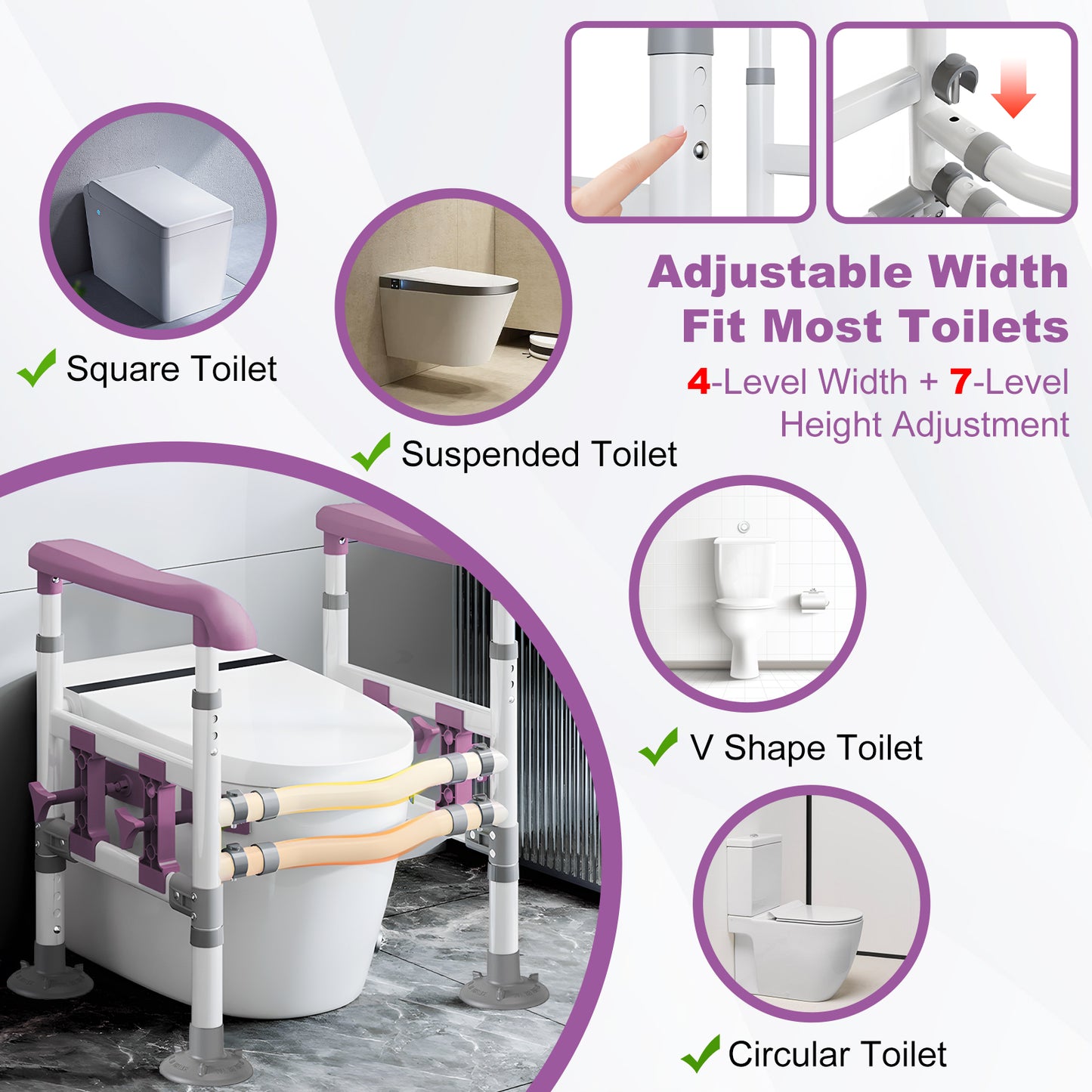 3-Way Adjustable Toilet Safety Frame, Anti-Slip Handrails, Suction Cups, Supports 220 lbs