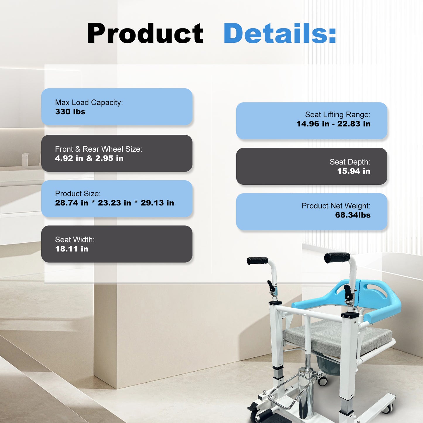 Transfer Lift Wheelchair with Commode, 14.96"-22.83" Adjustable Height, Supports 330 lbs