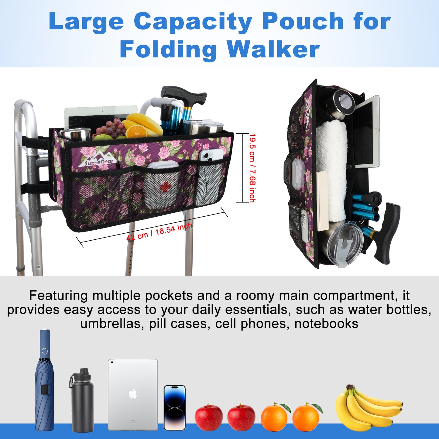 Walker Basket with Cup Holder, Foldable No-Tip Storage Bag