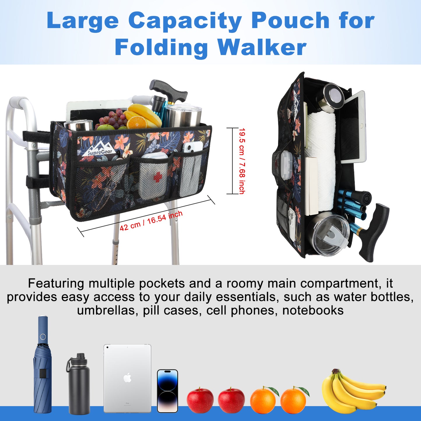Walker Basket with Cup Holder, Foldable No-Tip Storage Bag