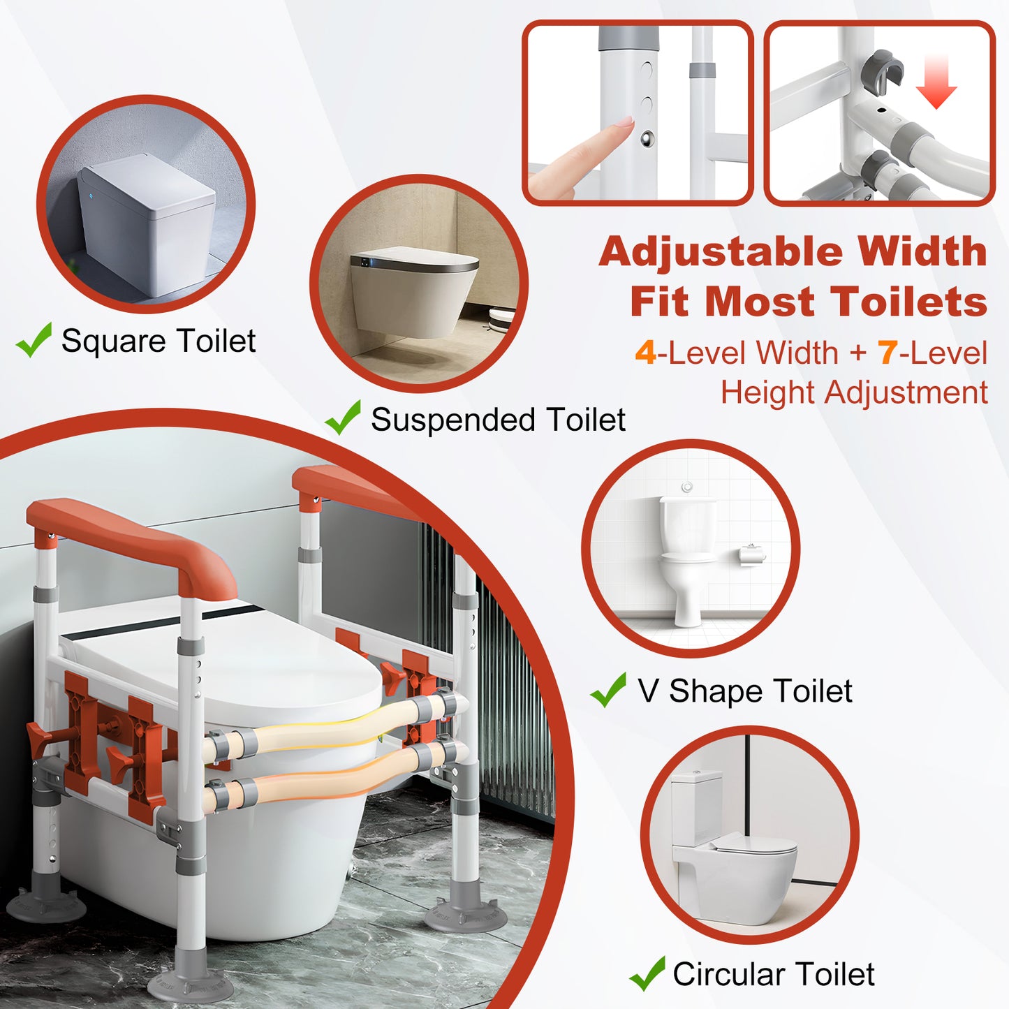 3-Way Adjustable Toilet Safety Frame, Anti-Slip Handrails, Suction Cups, Supports 220 lbs