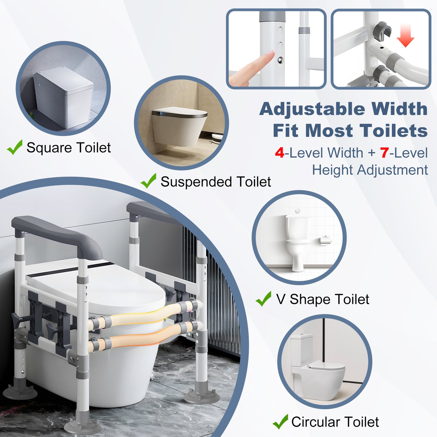 3-Way Adjustable Toilet Safety Frame, Anti-Slip Handrails, Suction Cups, Supports 220 lbs