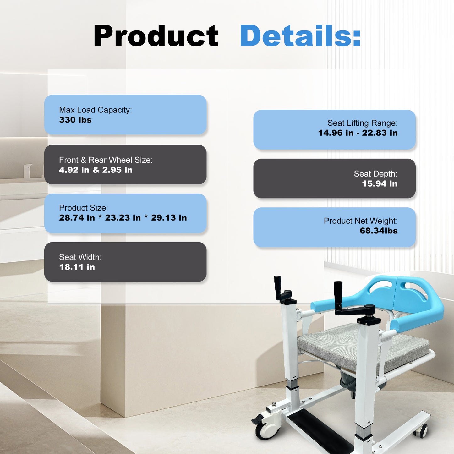 Transfer Lift Wheelchair with Commode, 14.96"-22.83" Adjustable Height, Supports 330 lbs