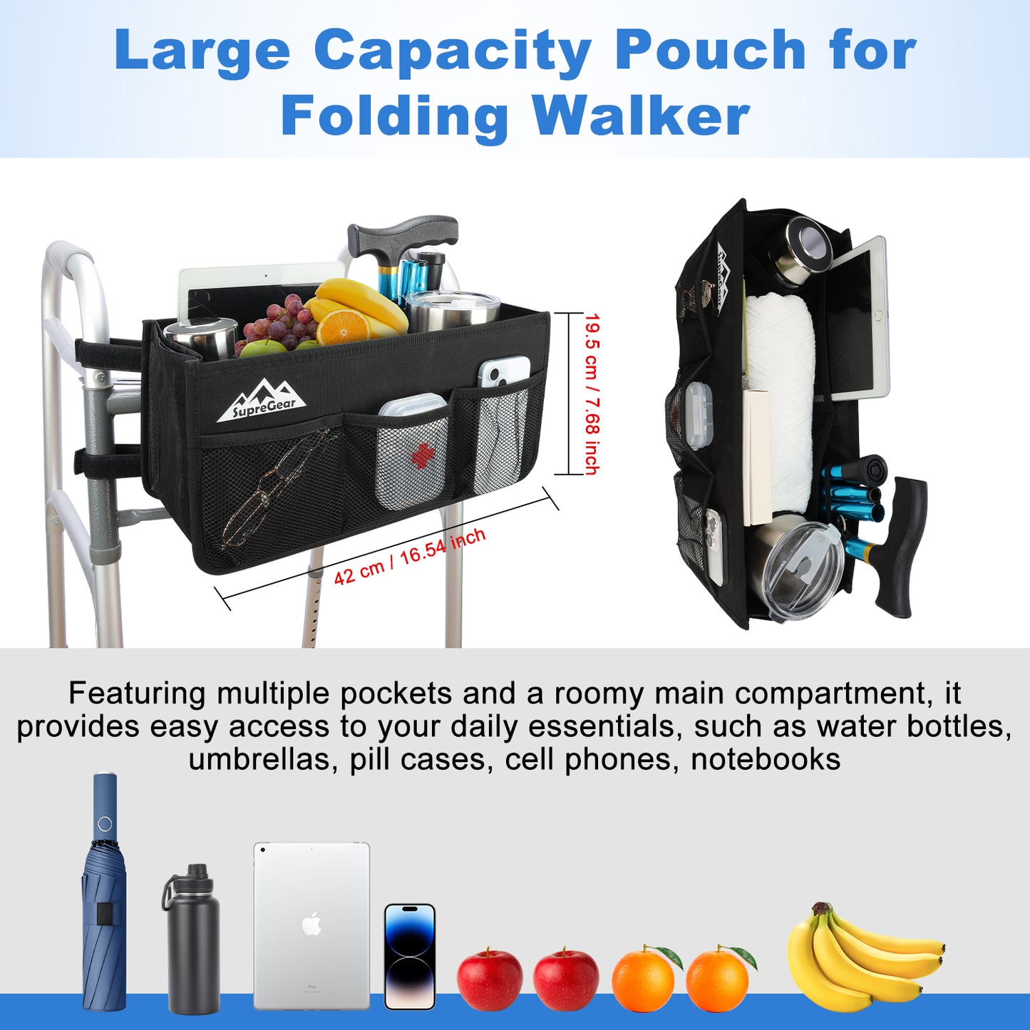 Walker Basket with Cup Holder, Foldable No-Tip Storage Bag