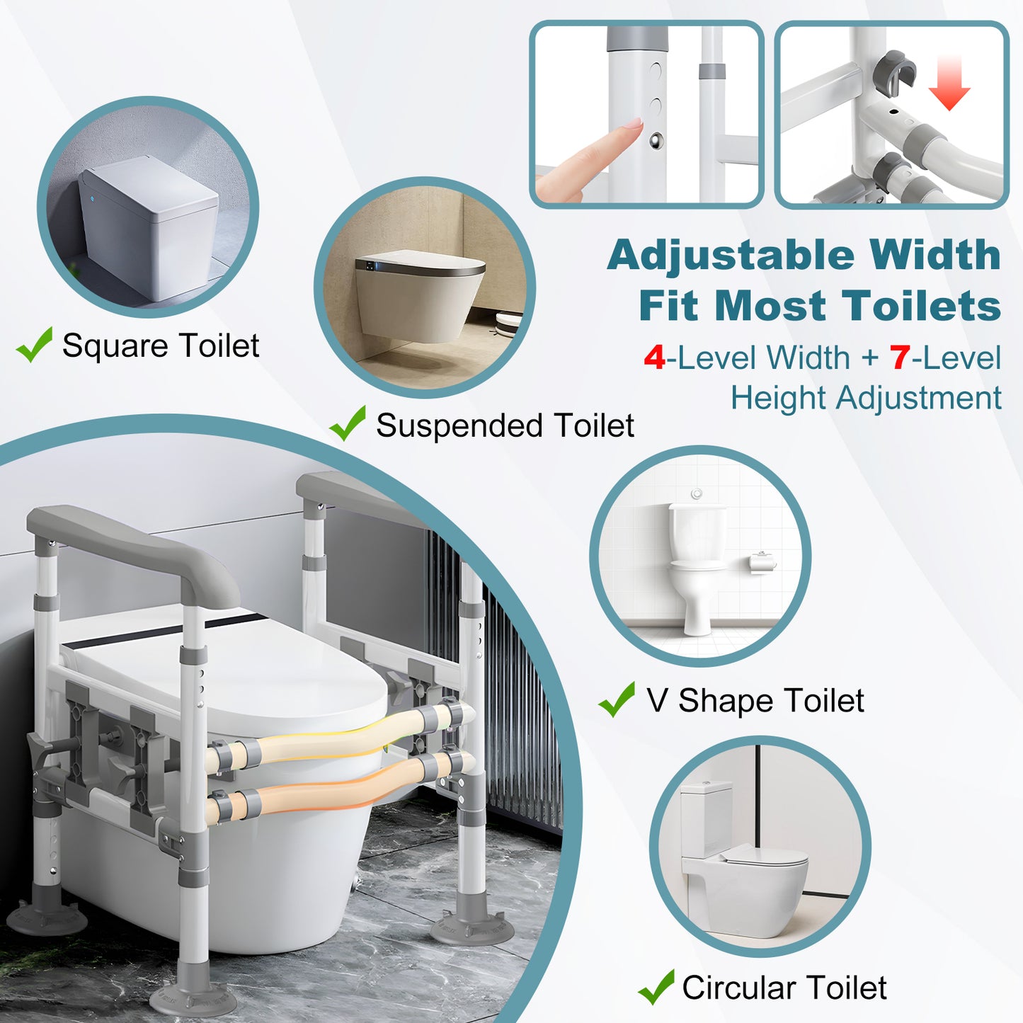 3-Way Adjustable Toilet Safety Frame, Anti-Slip Handrails, Suction Cups, Supports 220 lbs