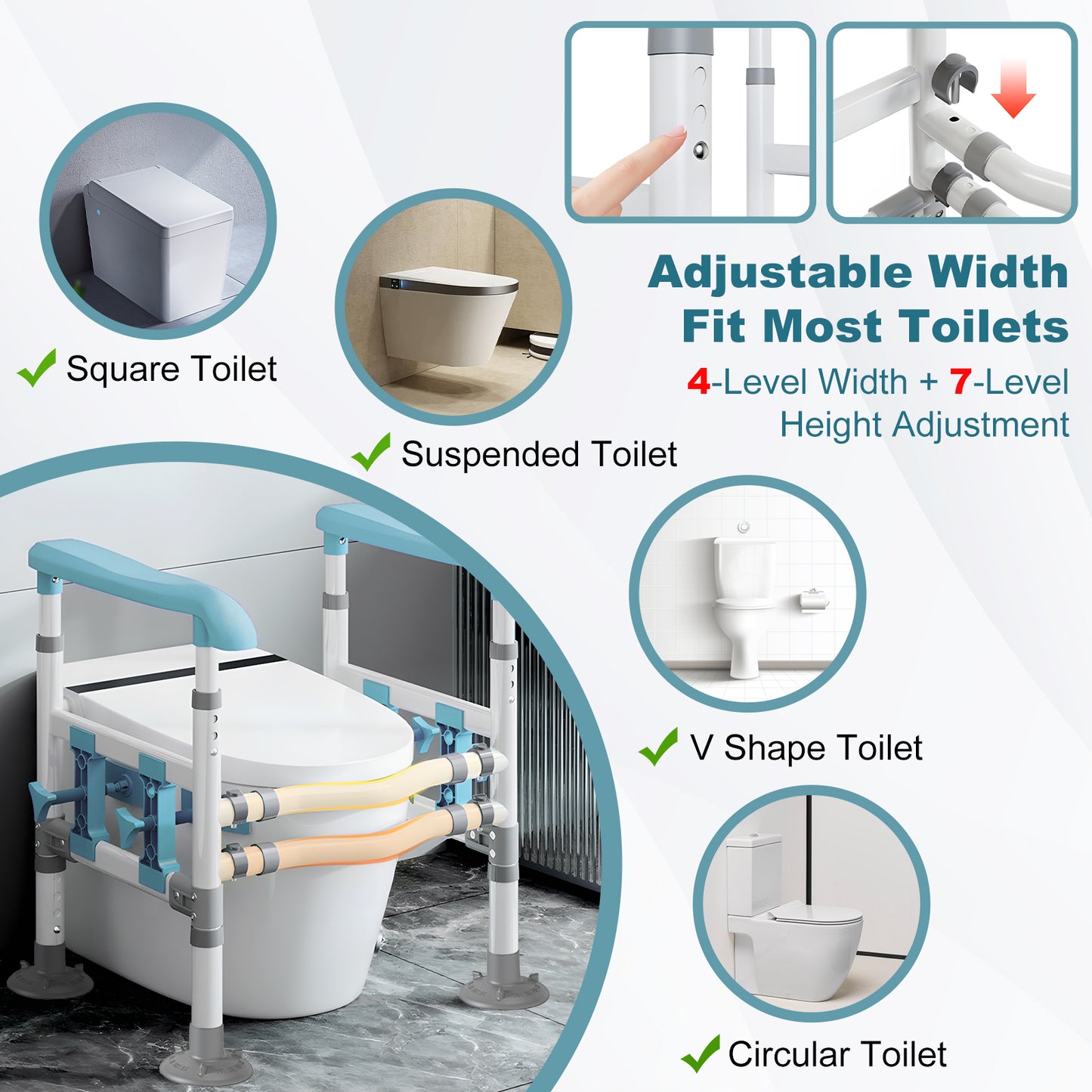 3-Way Adjustable Toilet Safety Frame, Anti-Slip Handrails, Suction Cups, Supports 220 lbs