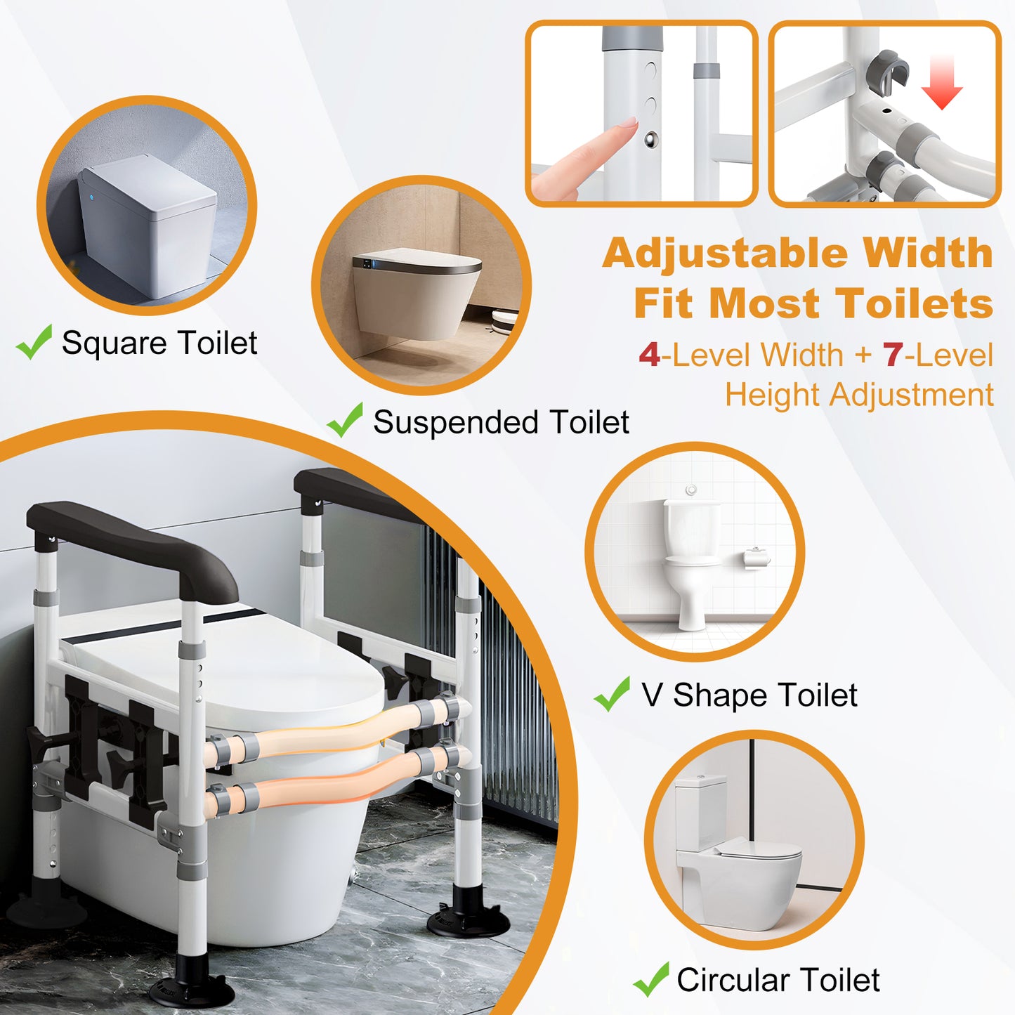 3-Way Adjustable Toilet Safety Frame, Anti-Slip Handrails, Suction Cups, Supports 220 lbs