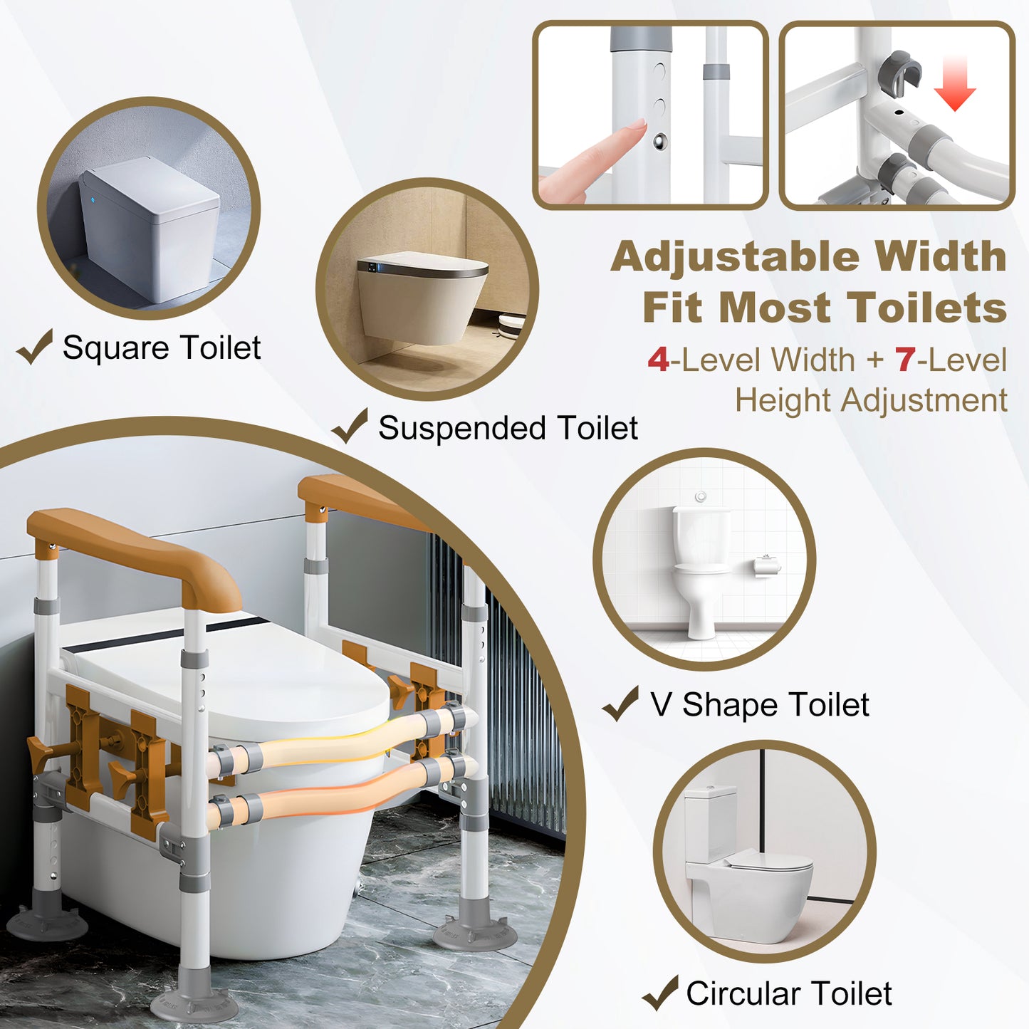 3-Way Adjustable Toilet Safety Frame, Anti-Slip Handrails, Suction Cups, Supports 220 lbs