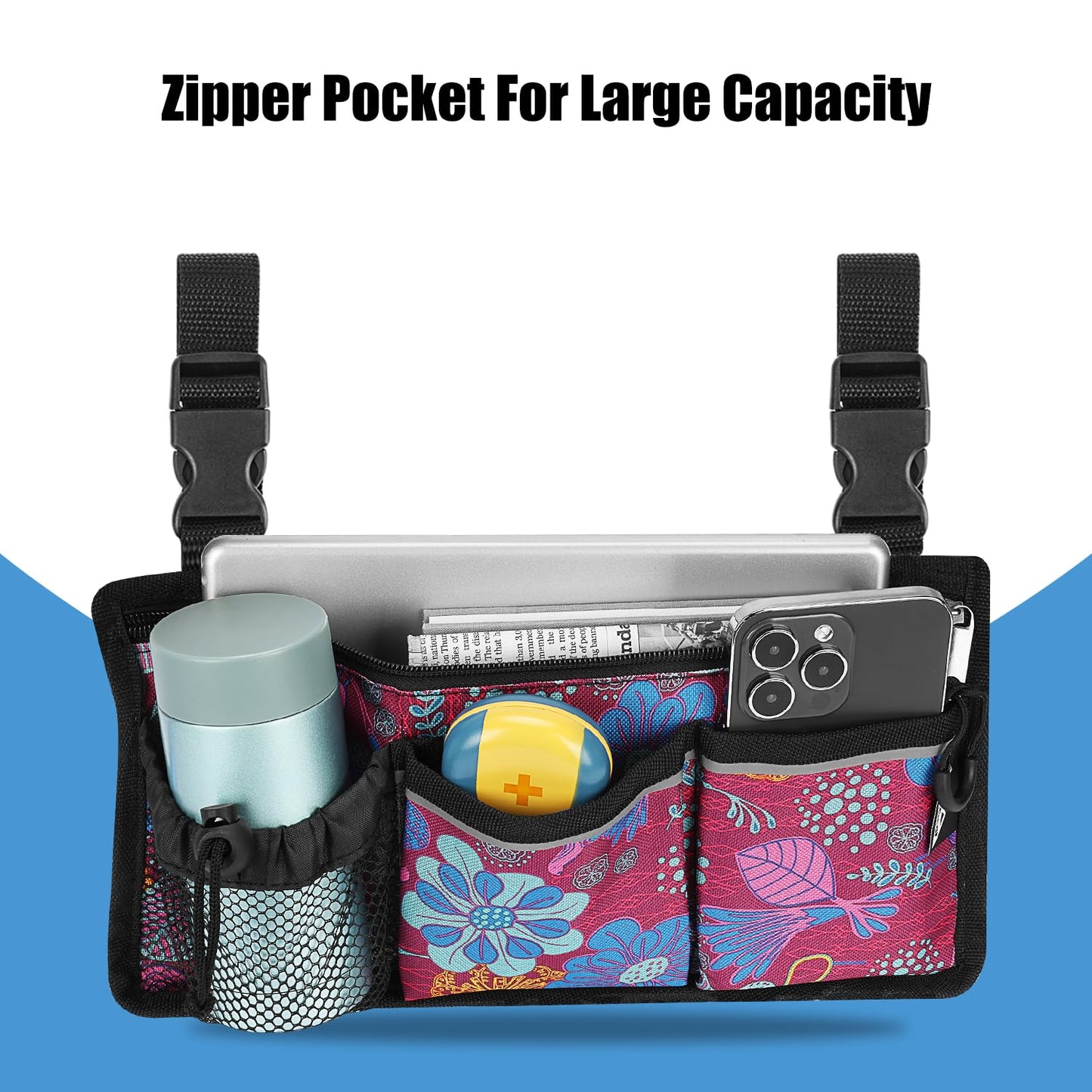 6 Pocket Wheelchair Side Bag with Reflective Stripes